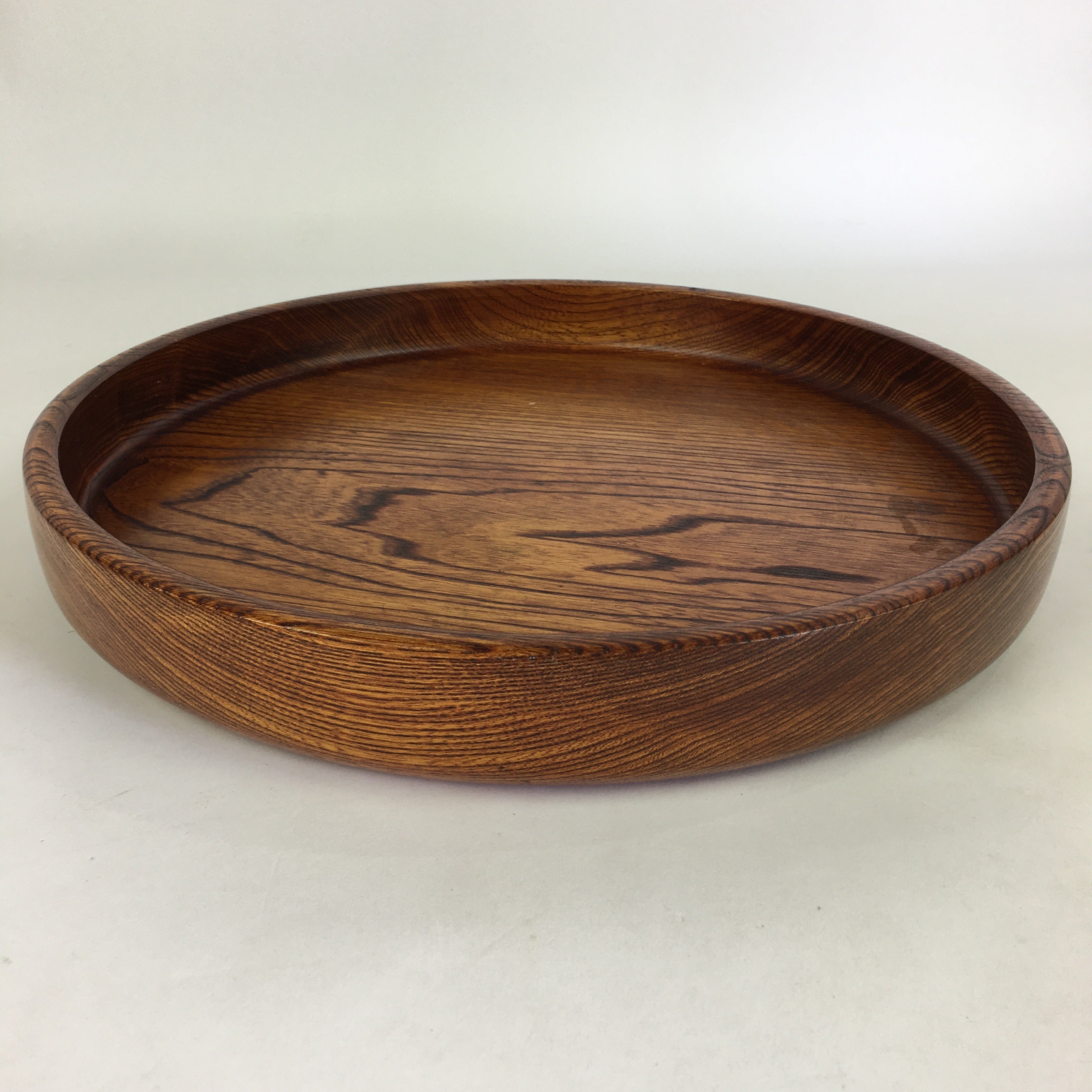 Japanese Wooden Lacquered Tray Obon Vtg Round Natural Wood Brown UR705
