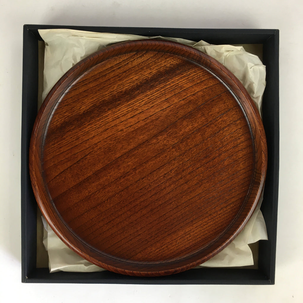 Japanese Wooden Lacquered Tray Obon Vtg Round Natural Wood Brown UR711