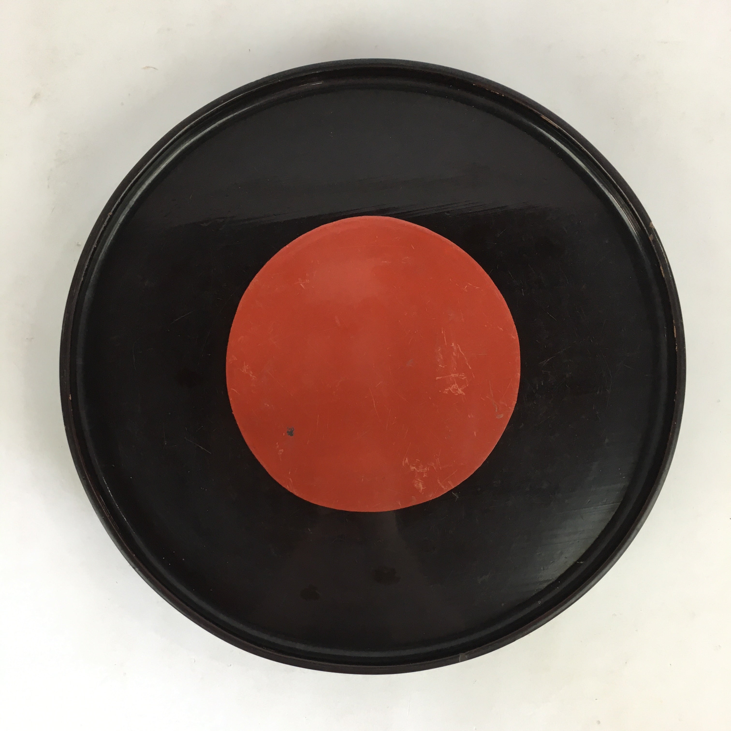 Japanese Wooden Lacquered Tray Obon Vtg Round Raised bottom Red Black UR712