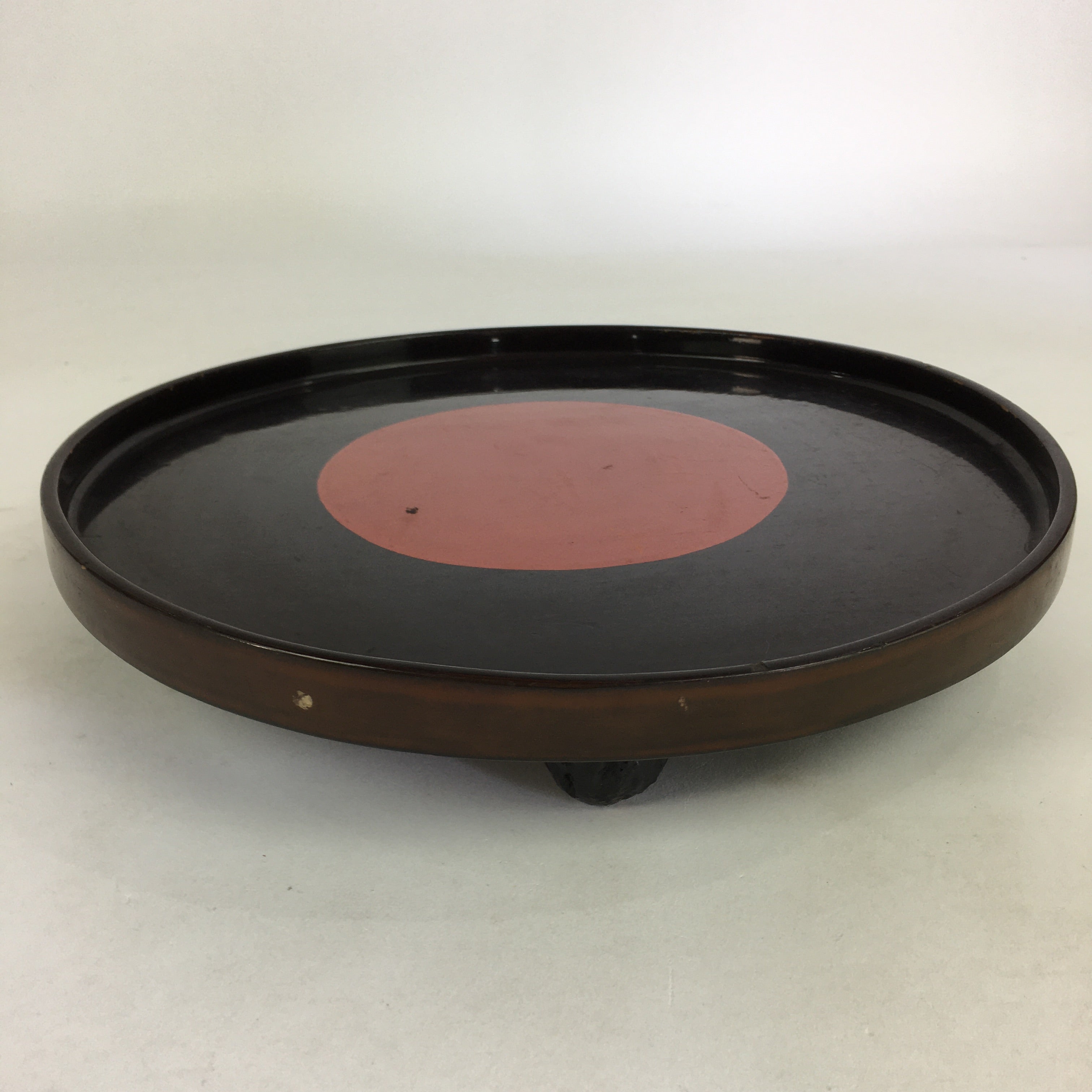 Japanese Wooden Lacquered Tray Obon Vtg Round Raised bottom Red Black UR712