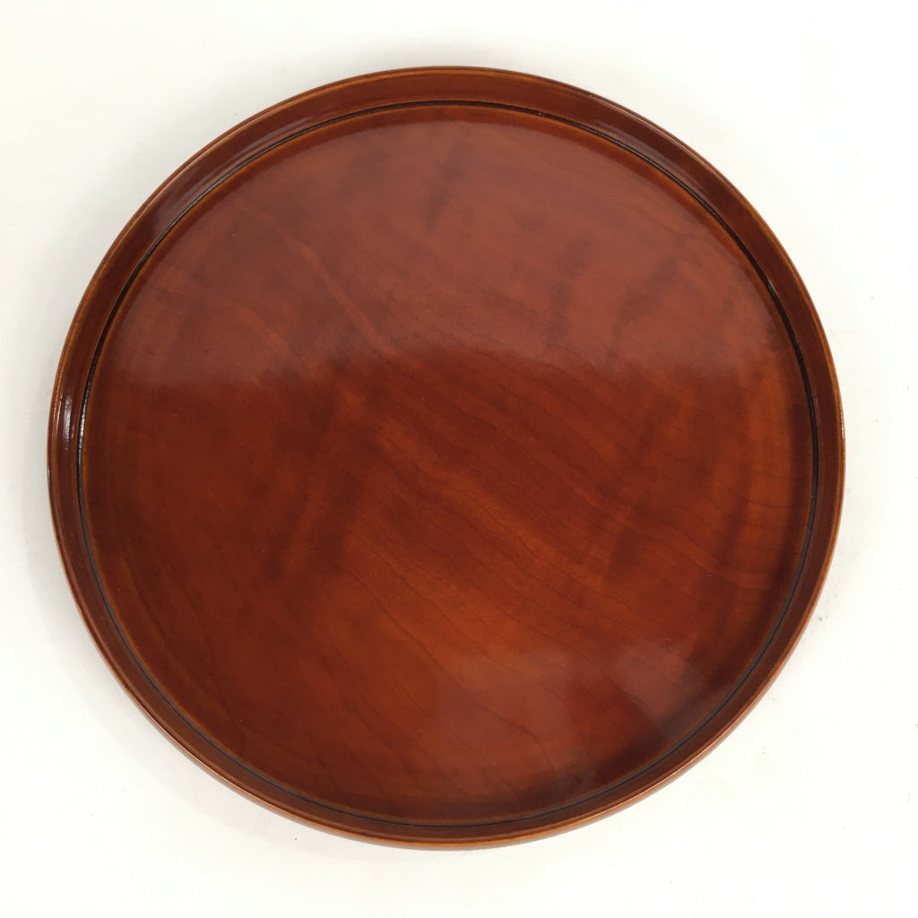Japanese Wooden Lacquered Tray Obon Vtg Shunkei-Nuri Round Brown UR542