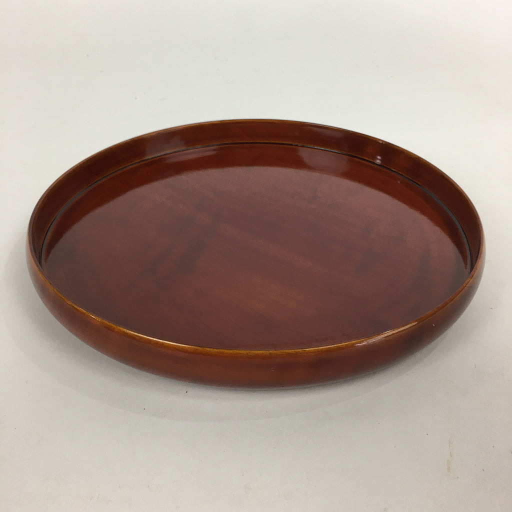 Japanese Wooden Lacquered Tray Obon Vtg Shunkei-Nuri Round Brown UR542
