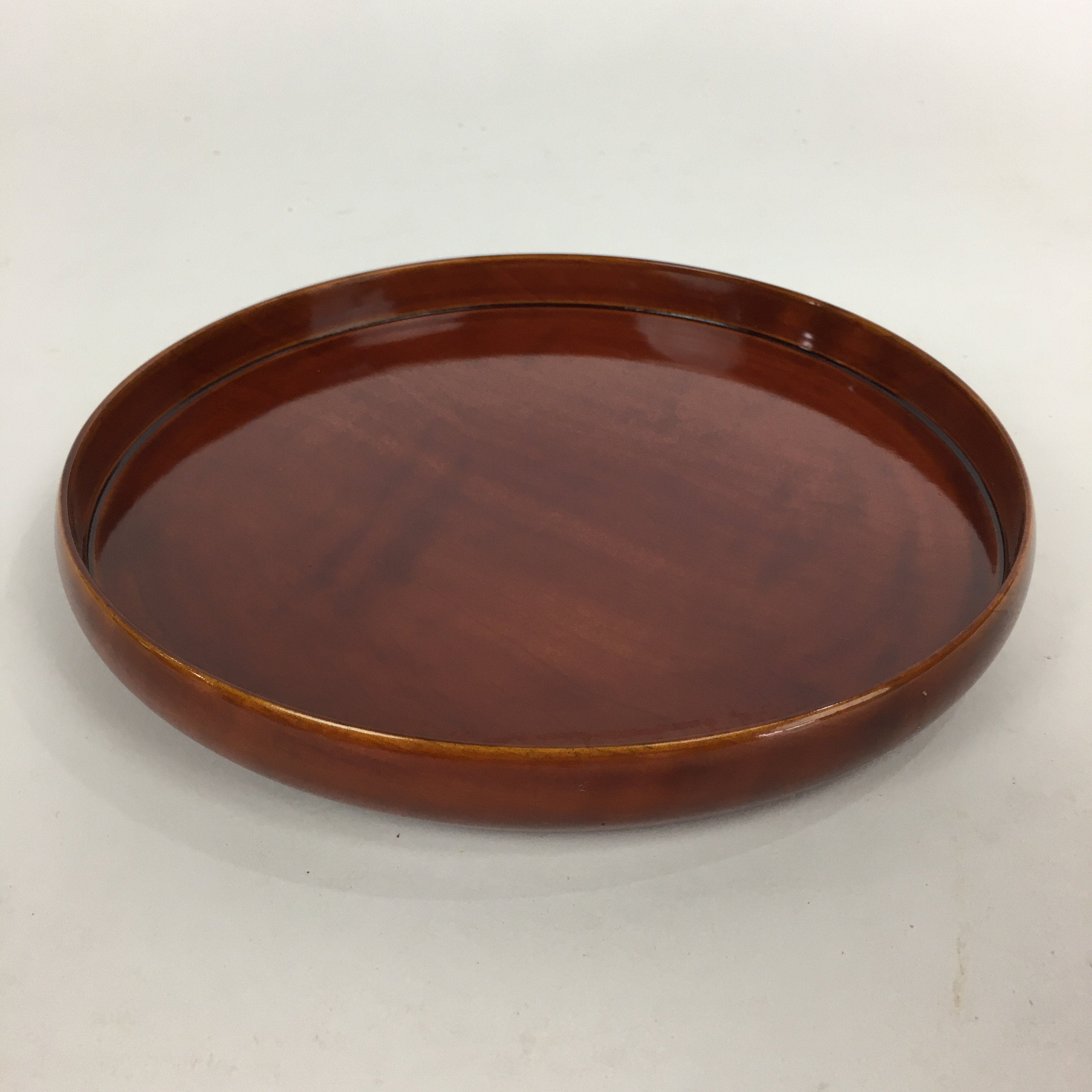 Japanese Wooden Lacquered Tray Obon Vtg Shunkei-Nuri Round Brown UR542