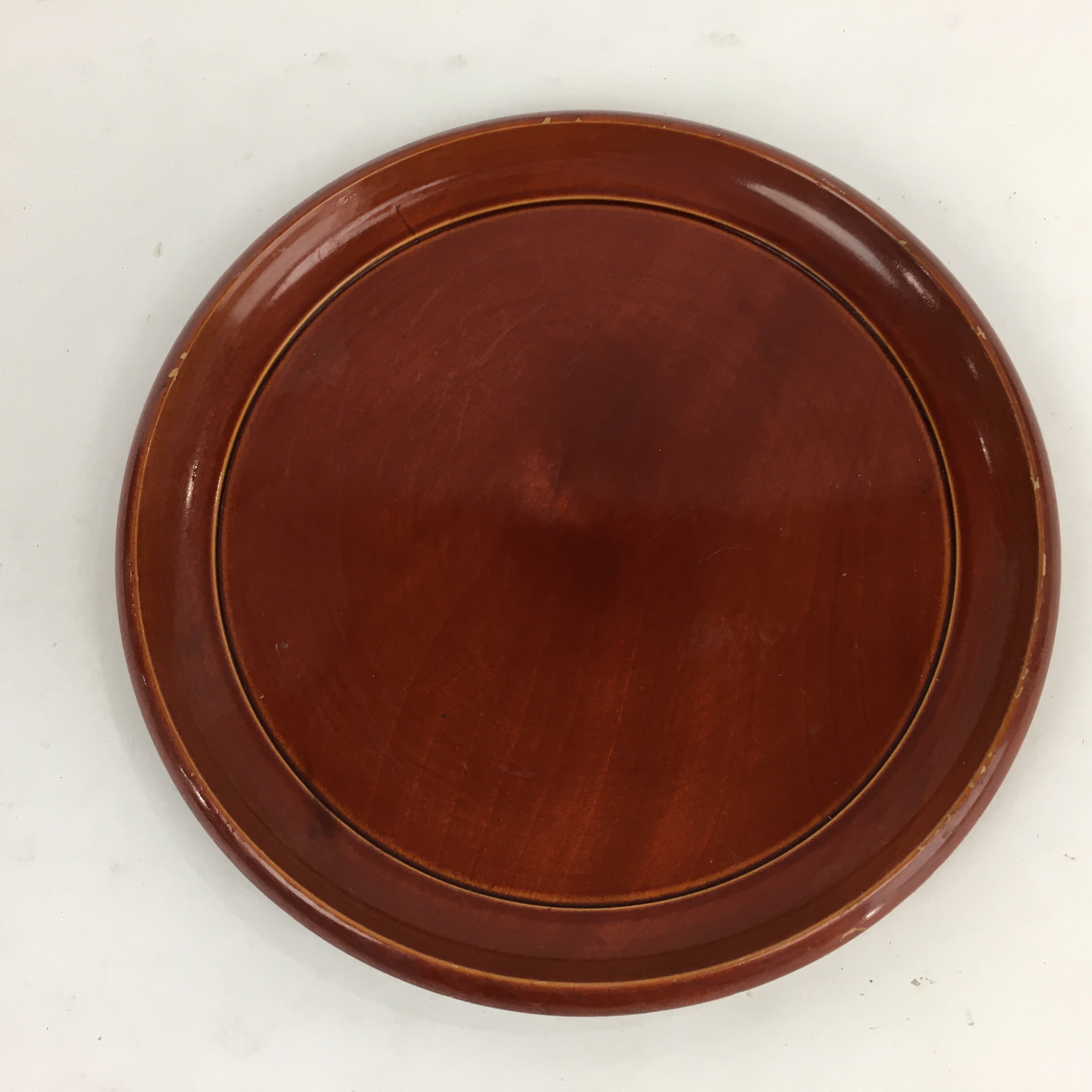 Japanese Wooden Lacquered Tray Obon Vtg Shunkei-Nuri Round Brown UR659