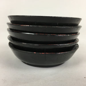 Japanese Wooden Lacquerware 5pc Plates Vtg Round Hand Drawn Black UR671