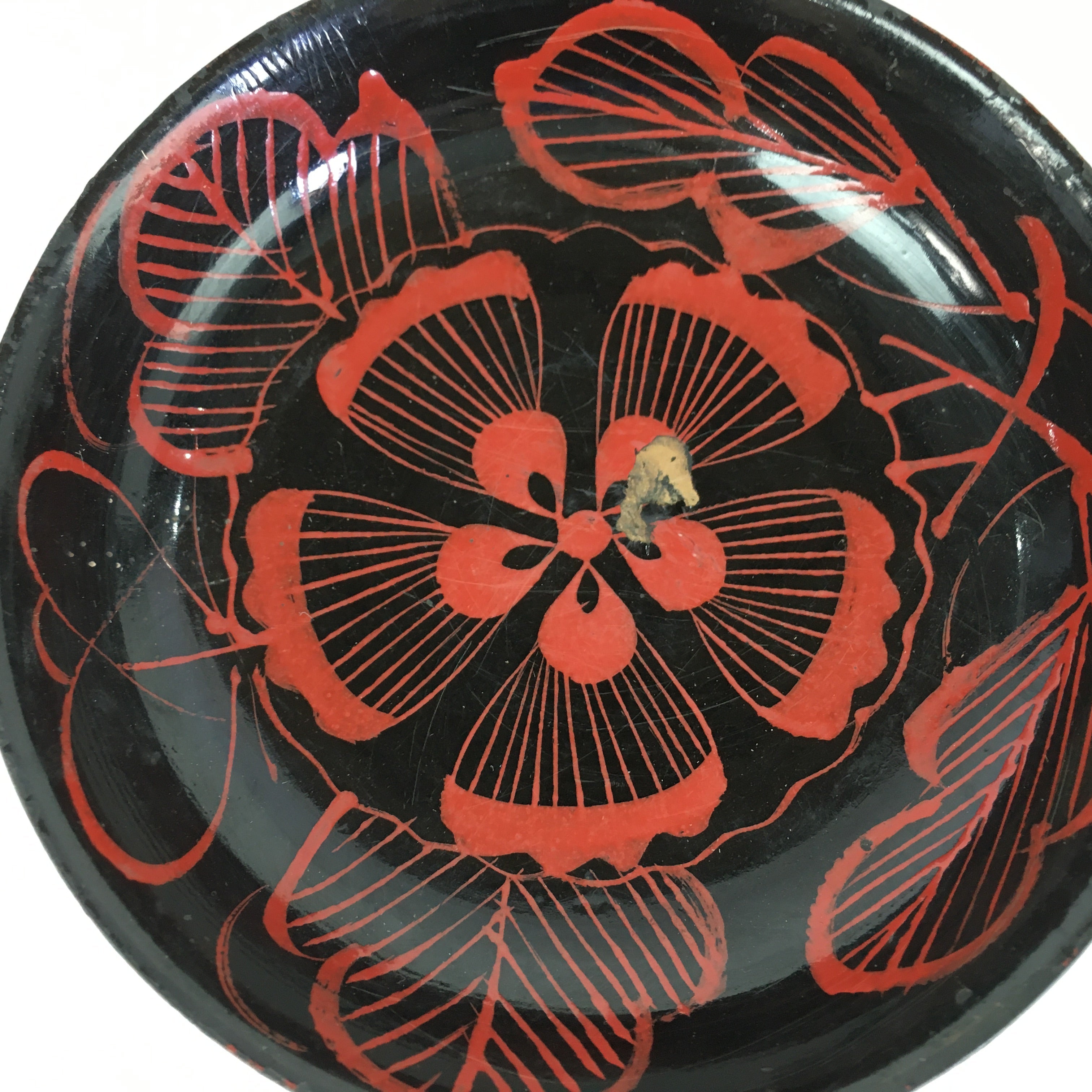 Japanese Wooden Lacquerware 5pc Plates Vtg Round Hand Drawn Black UR671