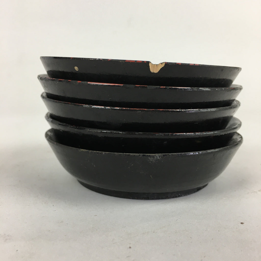 Japanese Wooden Lacquerware 5pc Plates Vtg Round Hand Drawn Black UR671