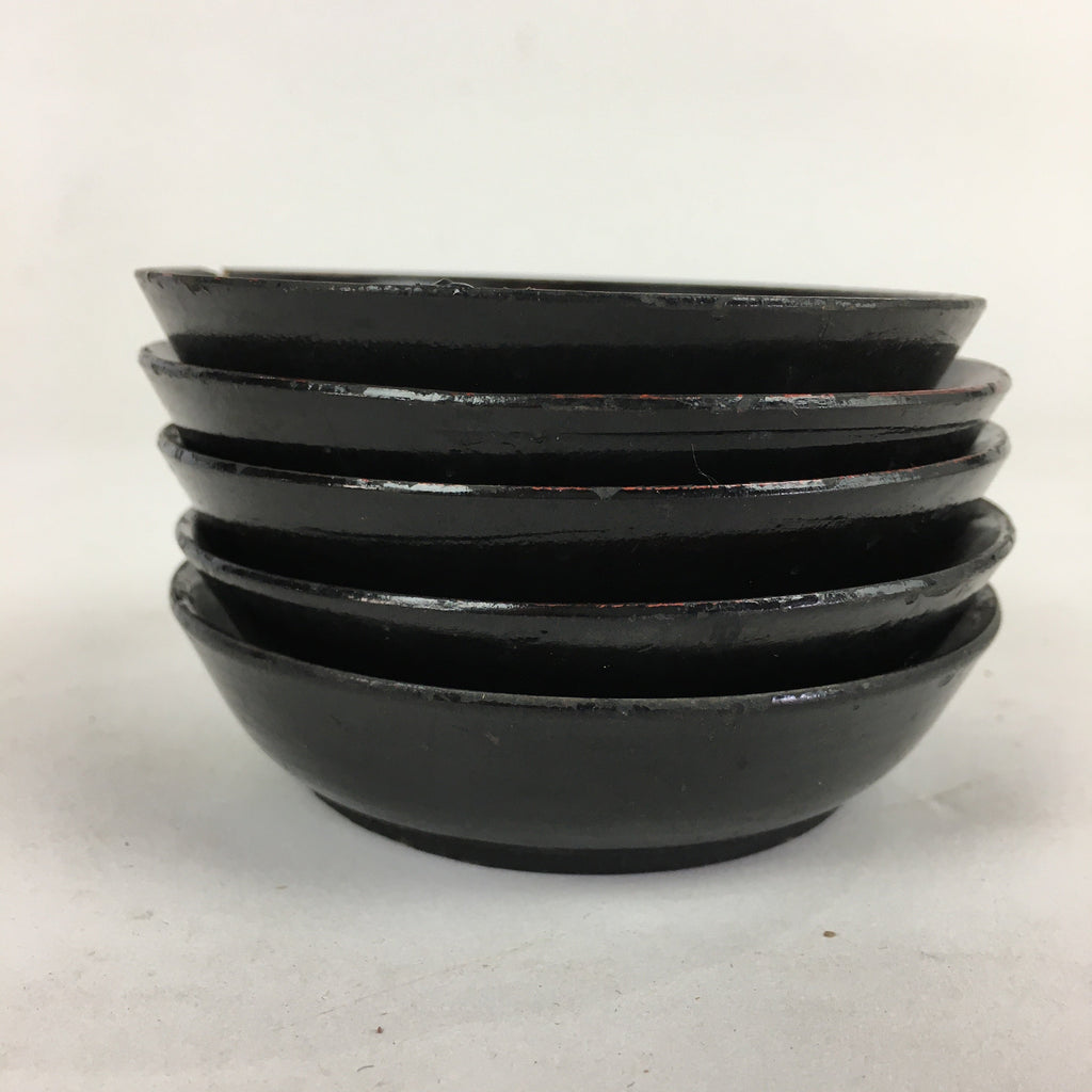 Japanese Wooden Lacquerware 5pc Plates Vtg Round Hand Drawn Black UR671