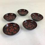 Japanese Wooden Lacquerware 5pc Plates Vtg Round Hand Drawn Black UR671