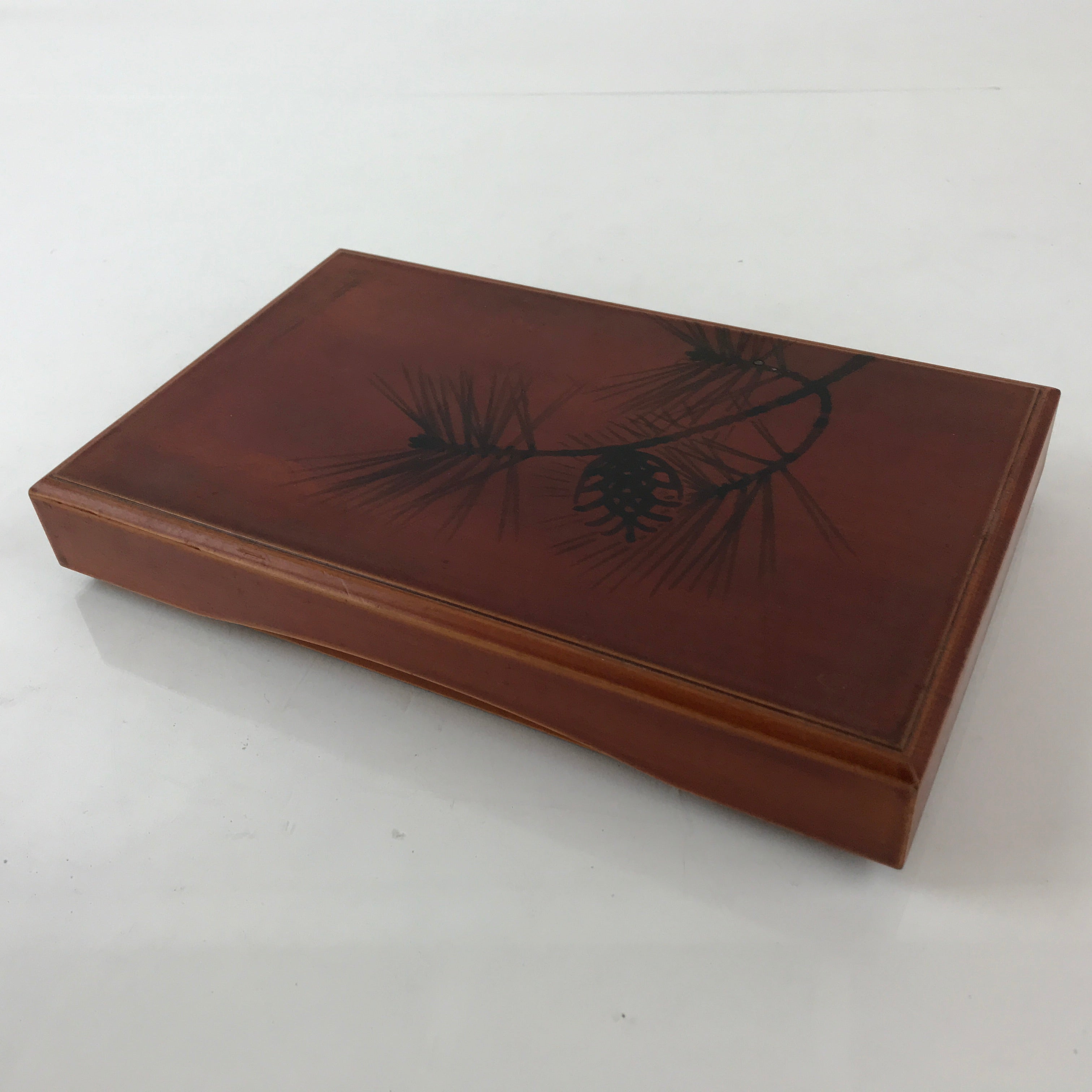 Japanese Wooden Lacquerware Lidded Box Fumibako Letter Stationary Box Brown FB68