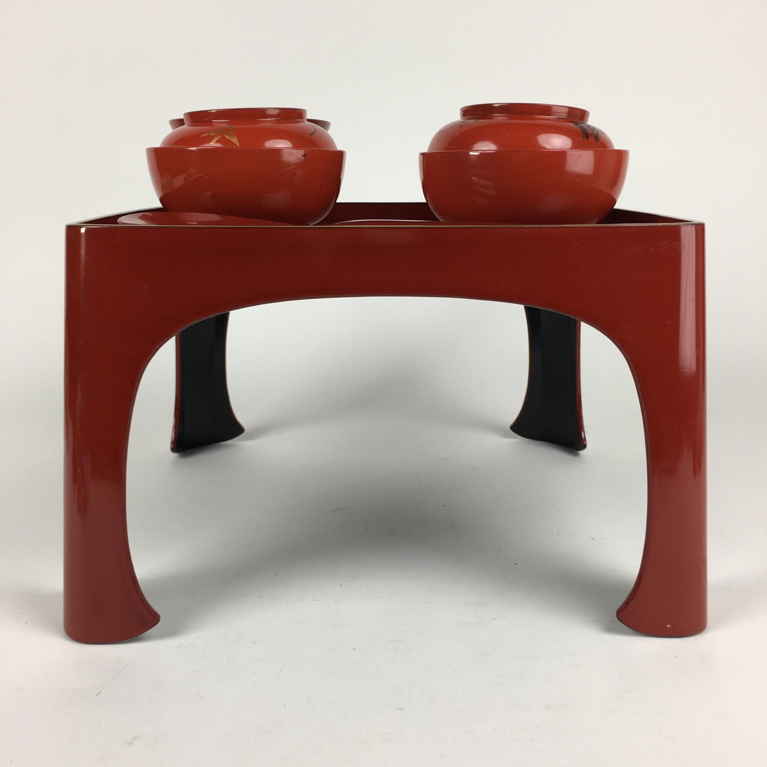 Japanese Wooden Legged Tray Lacquered Table Lidded Bowls Set Vtg Ozen UR626