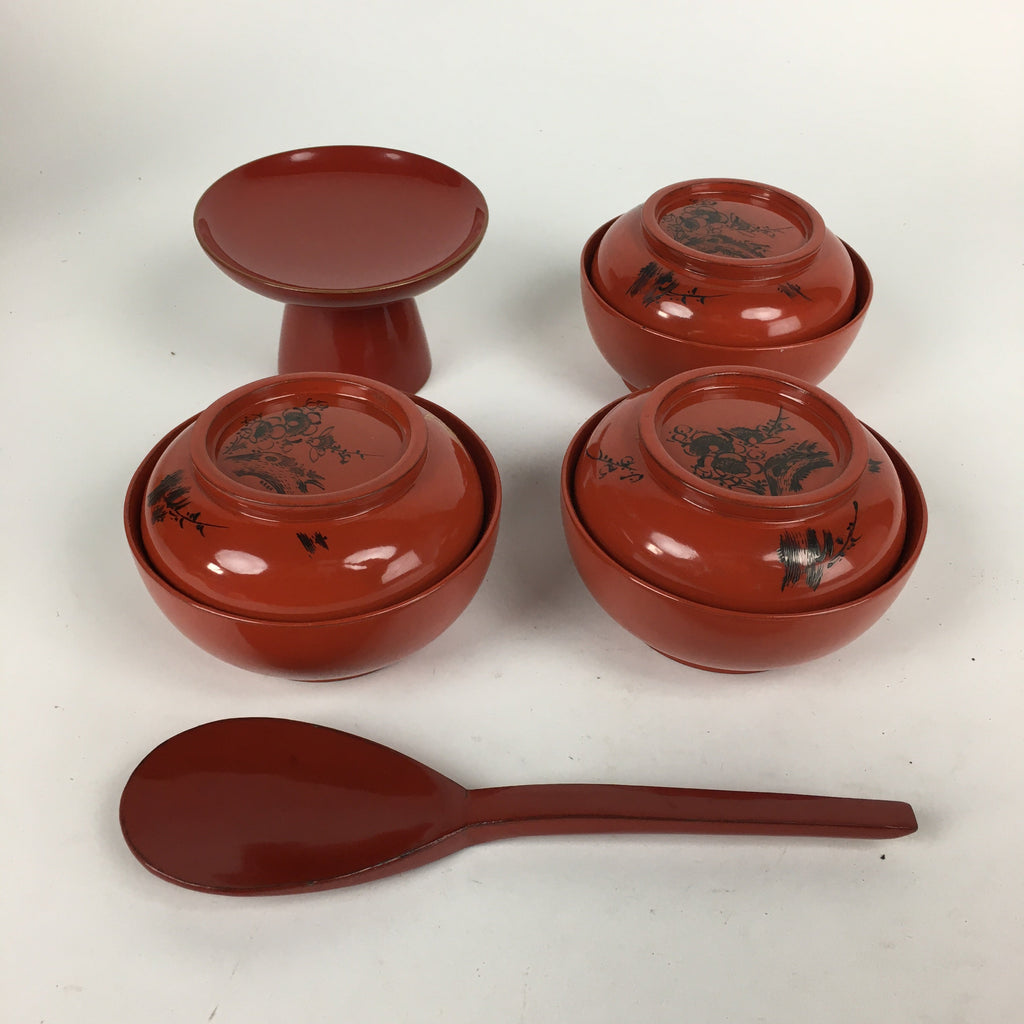 Japanese Wooden Legged Tray Lacquered Table Lidded Bowls Set Vtg Ozen UR626