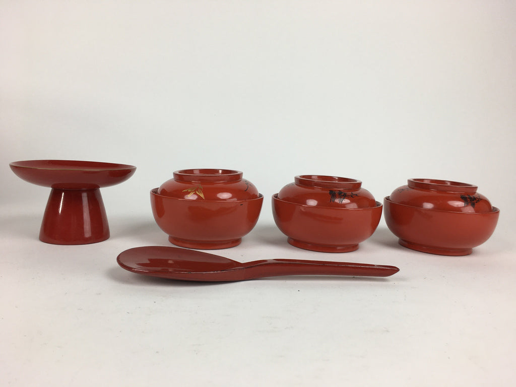 Japanese Wooden Legged Tray Lacquered Table Lidded Bowls Set Vtg Ozen UR626