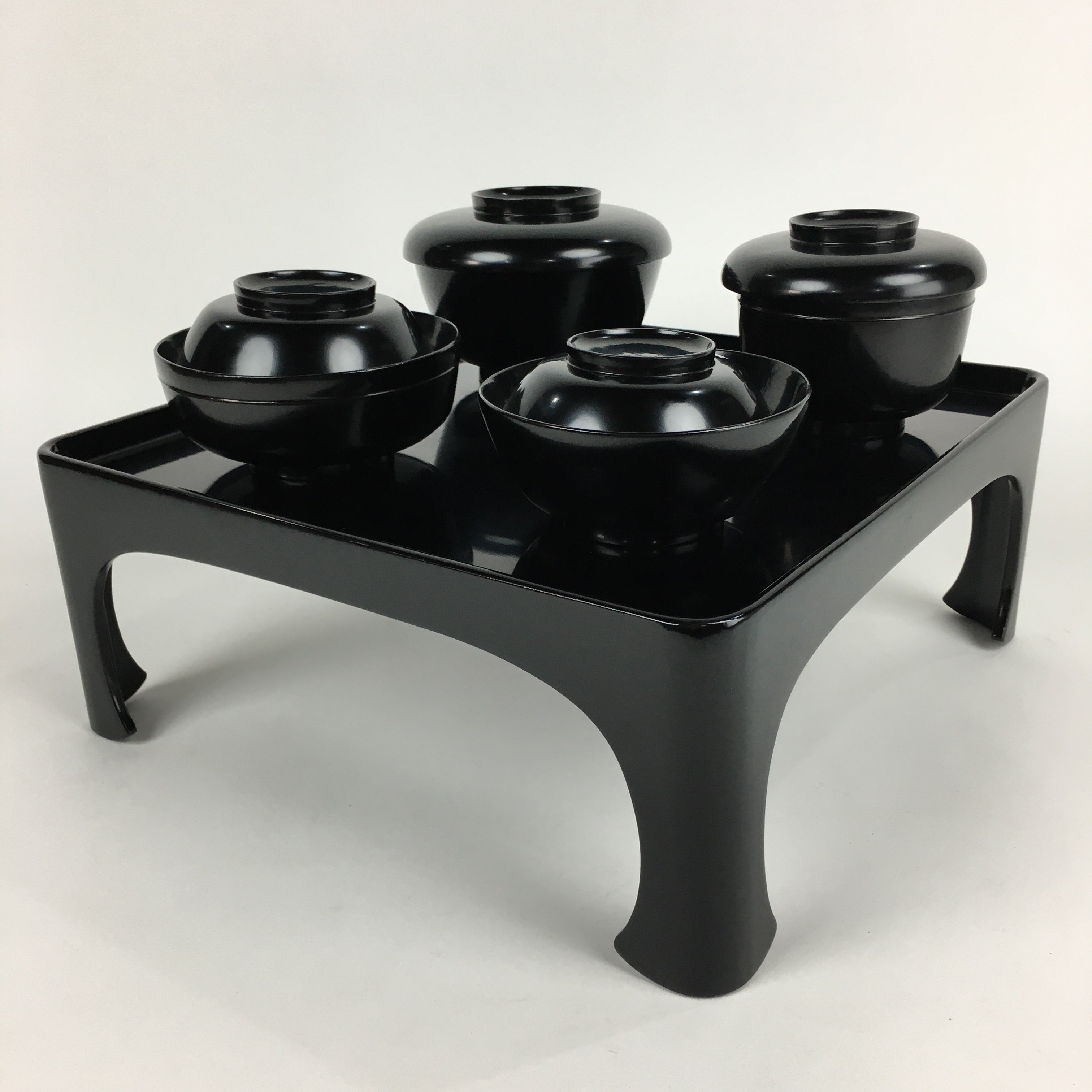 Japanese Wooden Legged Tray Lacquered Table Lidded Bowls Set Vtg Ozen UR719