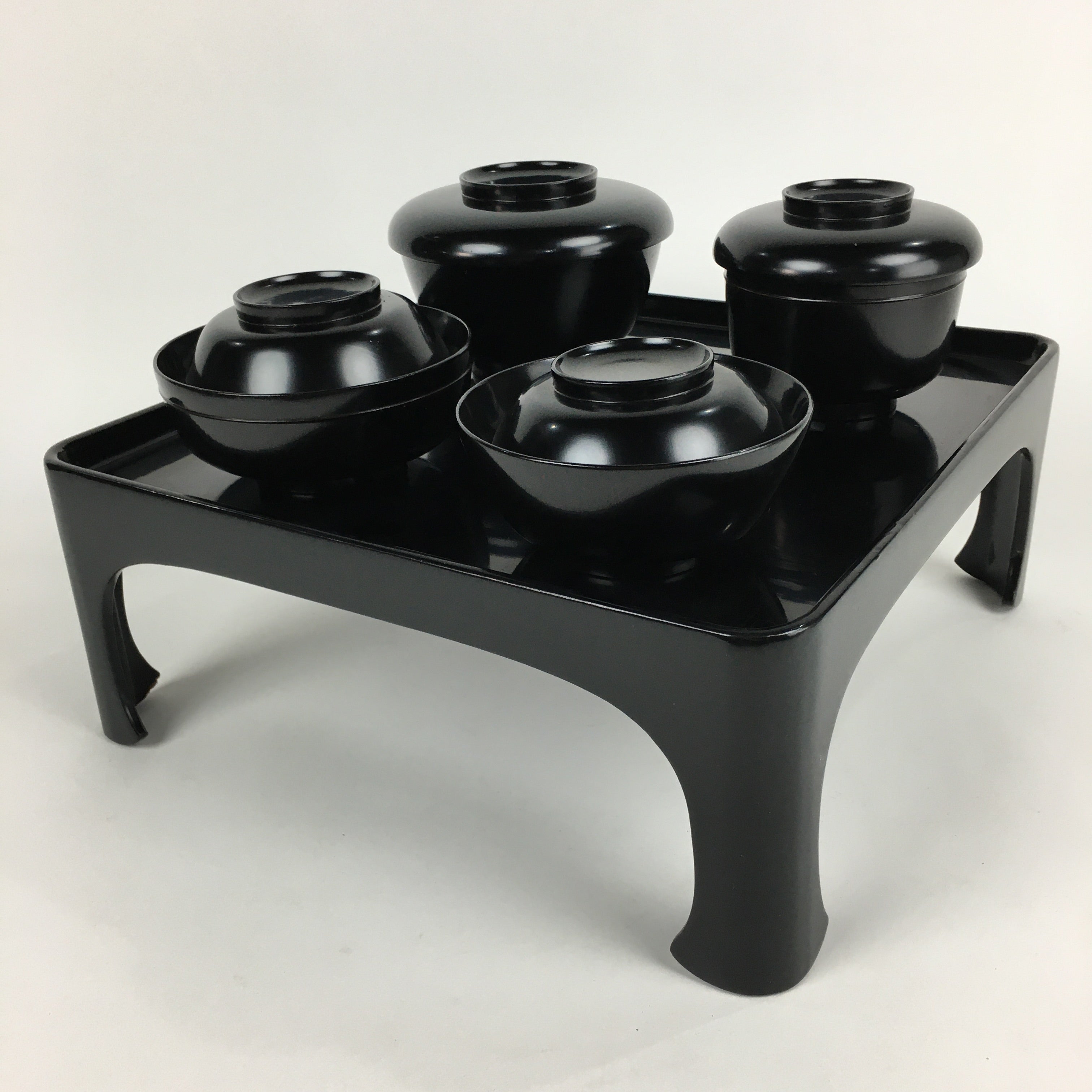 Japanese Wooden Legged Tray Lacquered Table Lidded Bowls Set Vtg Ozen UR724