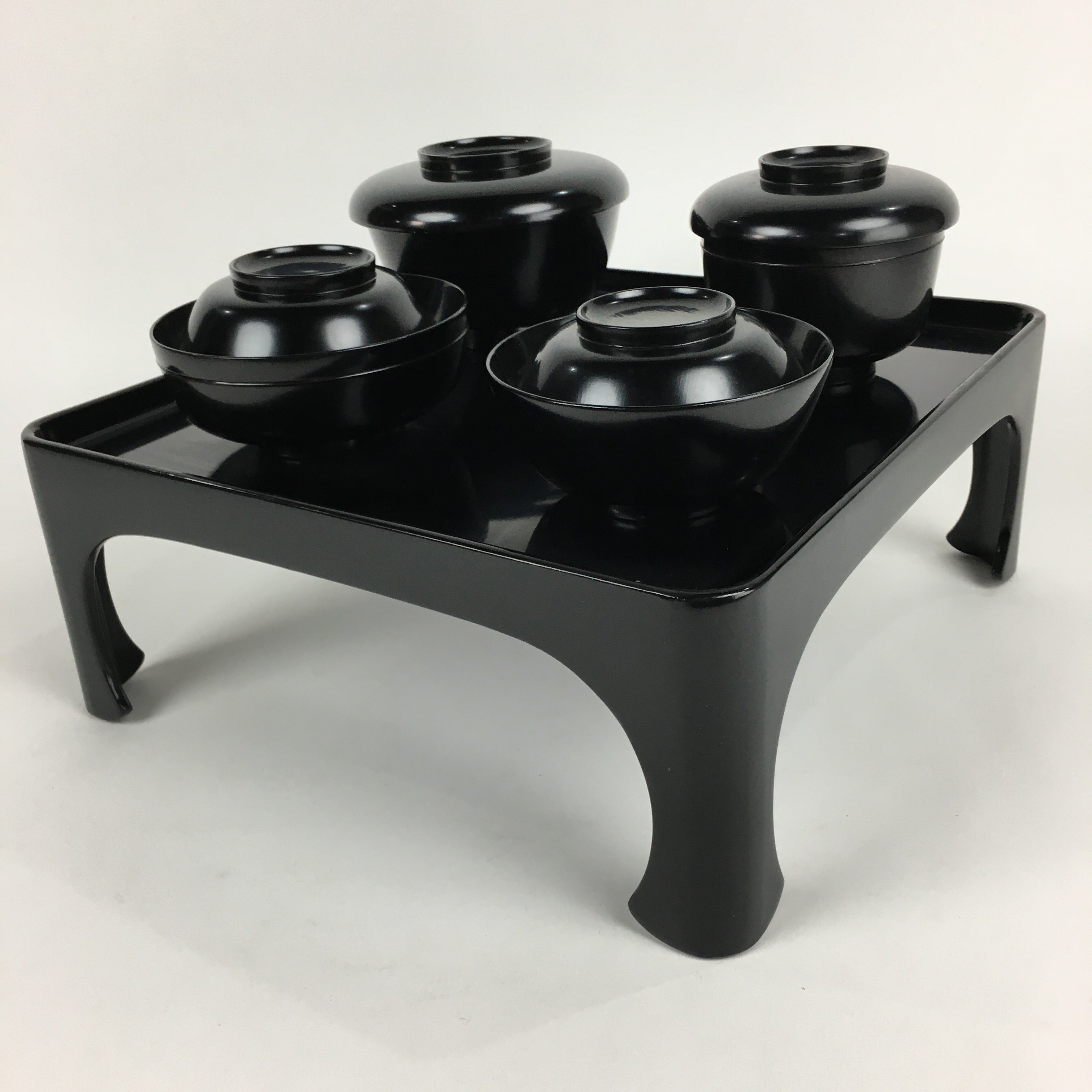 Japanese Wooden Legged Tray Lacquered Table Lidded Bowls Set Vtg Ozen UR727