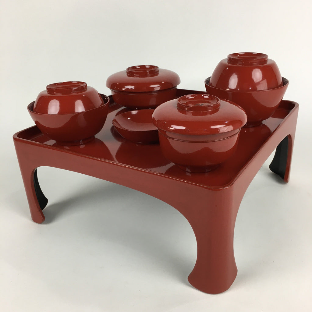Japanese Wooden Legged Tray Lacquered Table Lidded Bowls Set Vtg Ozen UR728