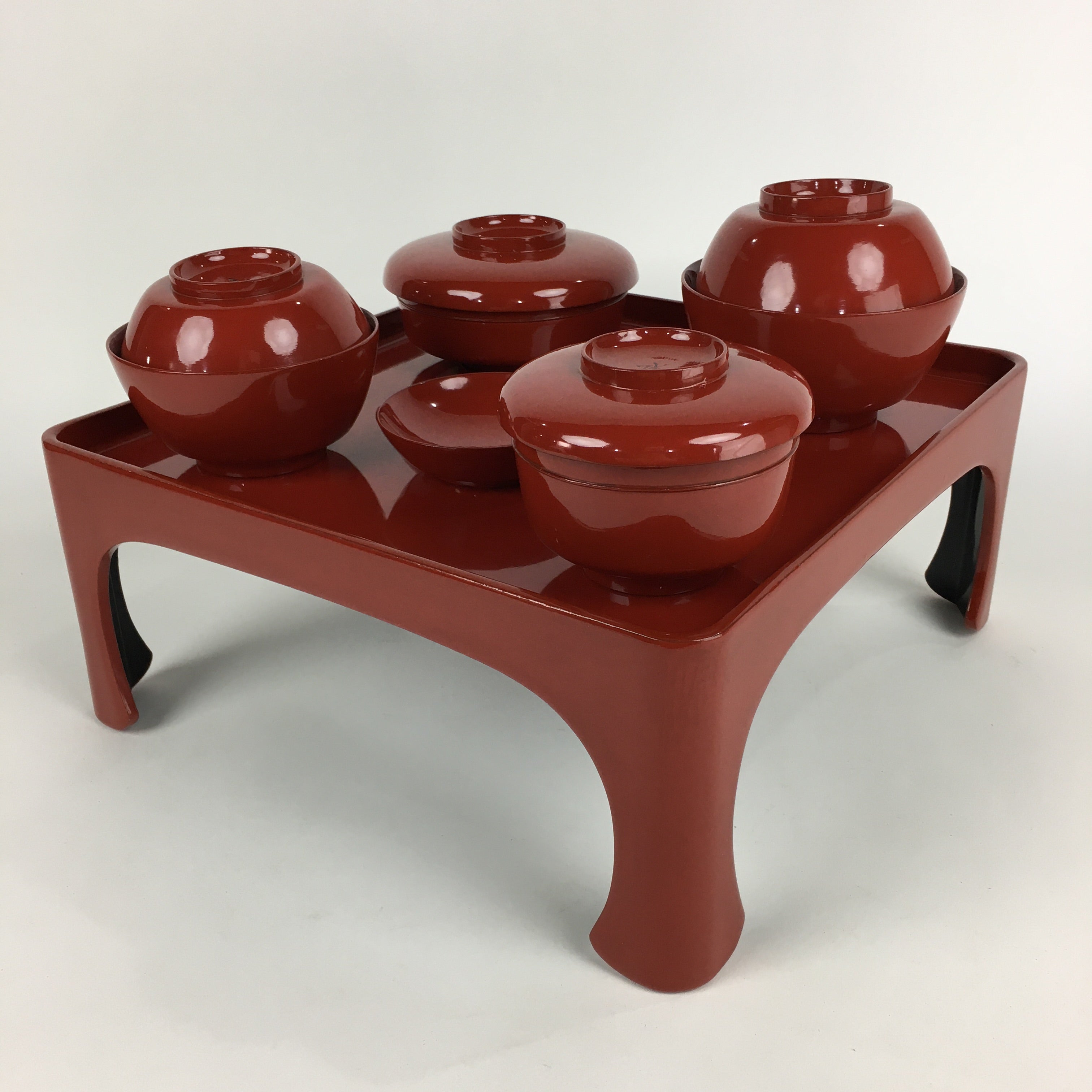 Japanese Wooden Legged Tray Lacquered Table Lidded Bowls Set Vtg Ozen UR729
