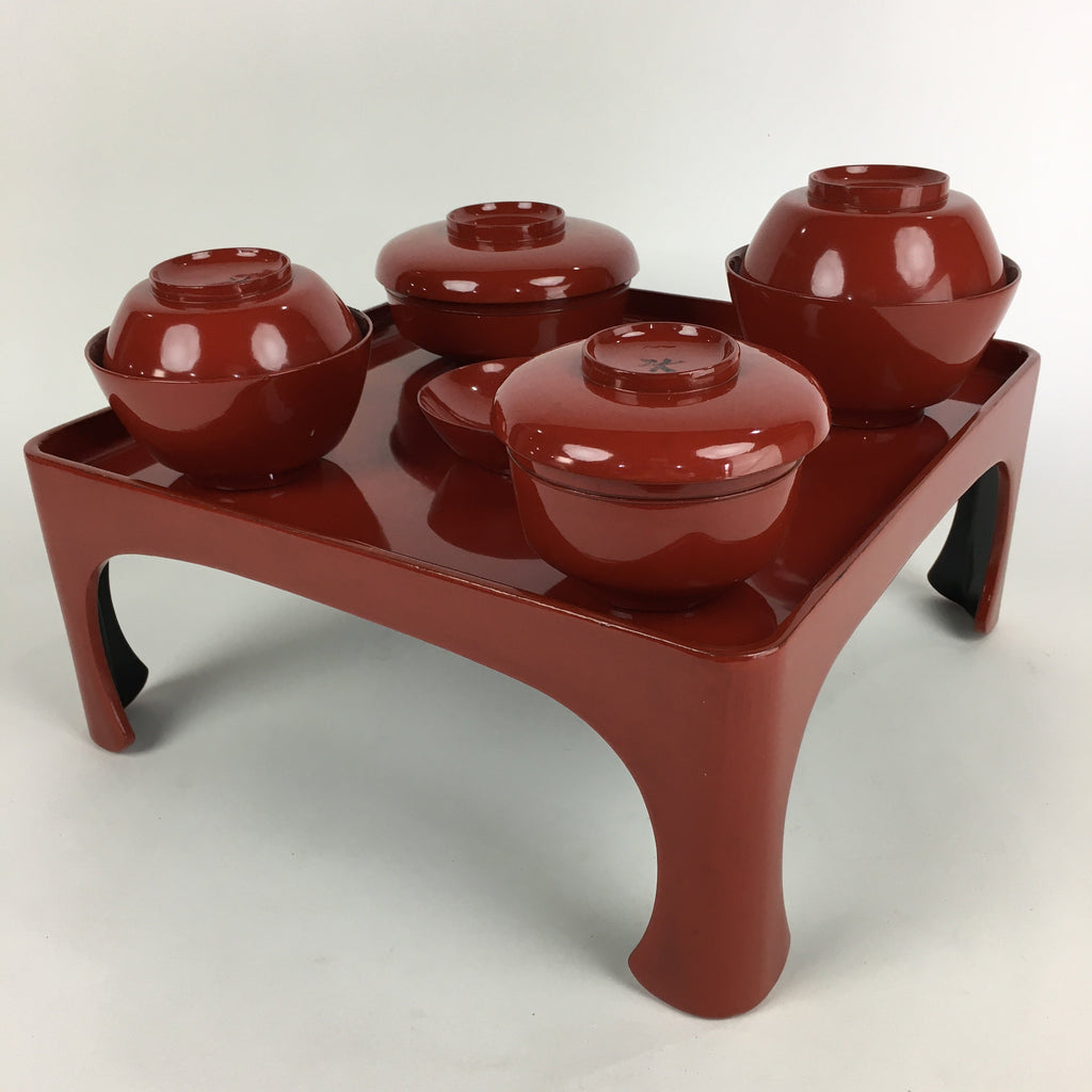 Japanese Wooden Legged Tray Lacquered Table Lidded Bowls Set Vtg Ozen UR731