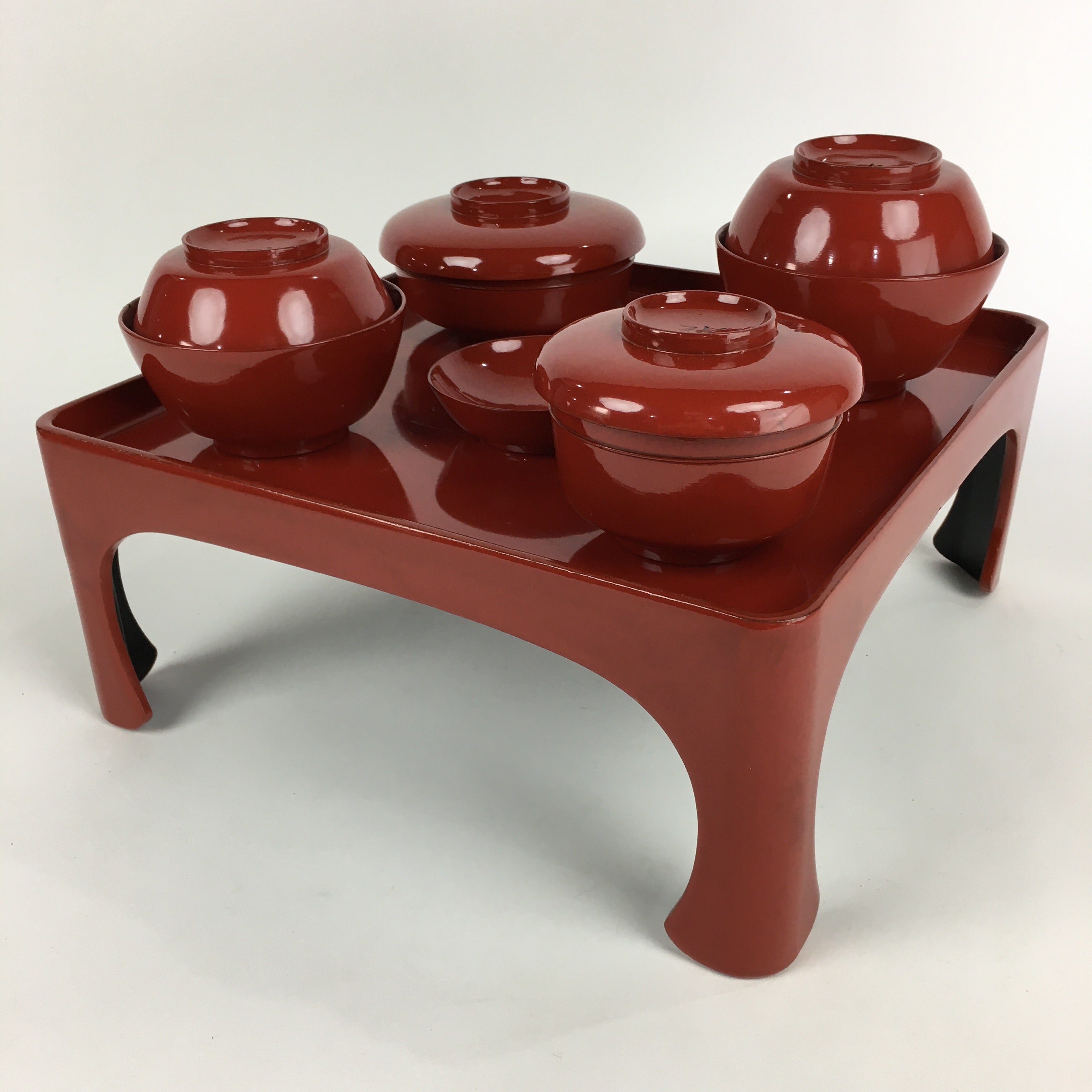 Japanese Wooden Legged Tray Lacquered Table Lidded Bowls Set Vtg Ozen UR733