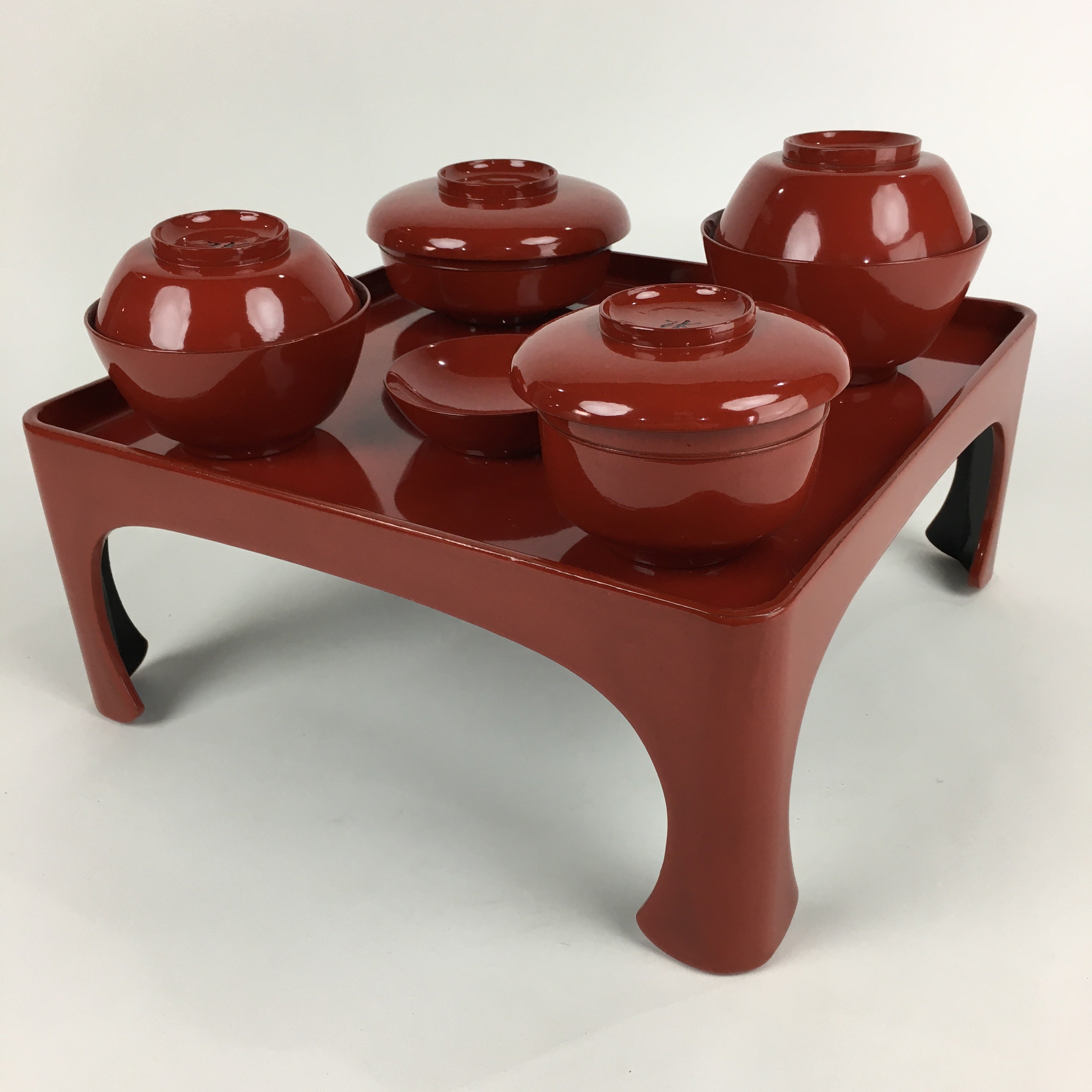Japanese Wooden Legged Tray Lacquered Table Lidded Bowls Set Vtg Ozen UR734