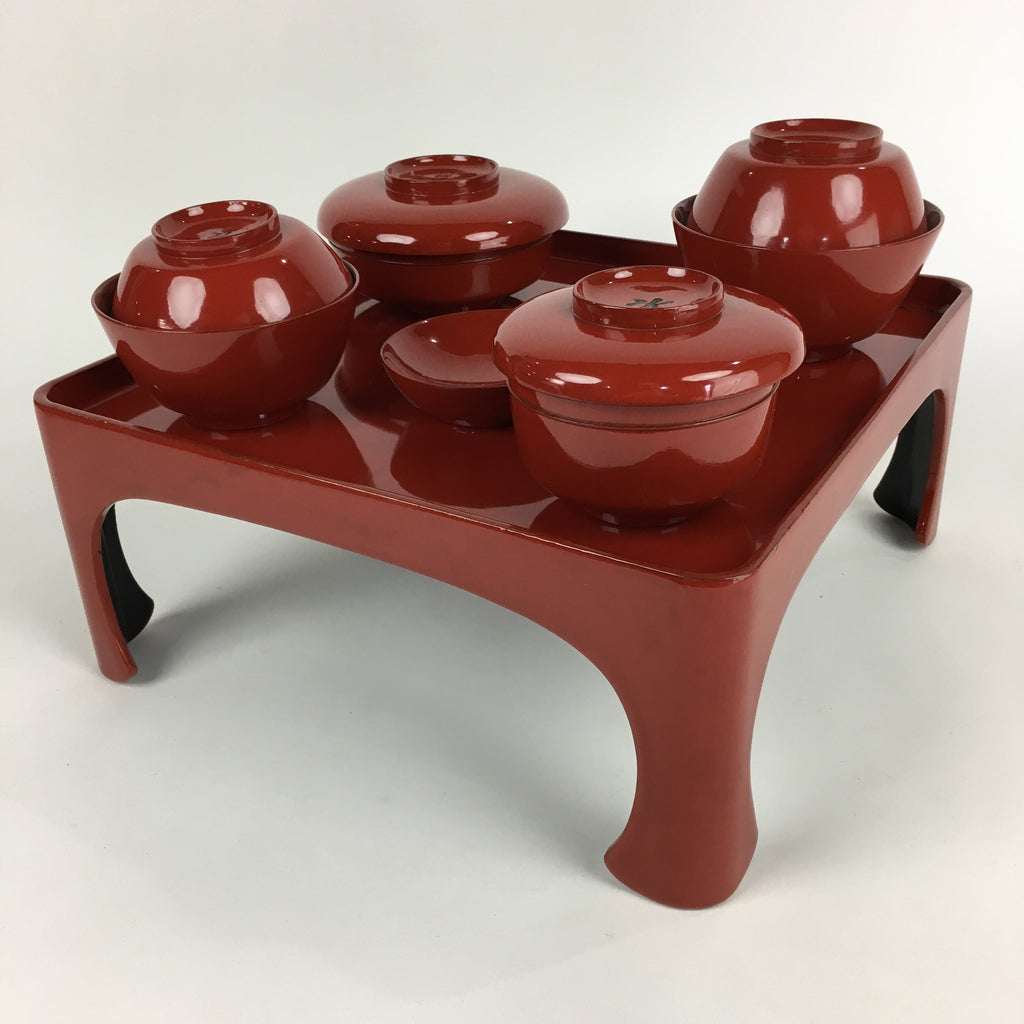 Japanese Wooden Legged Tray Lacquered Table Lidded Bowls Set Vtg Ozen UR735