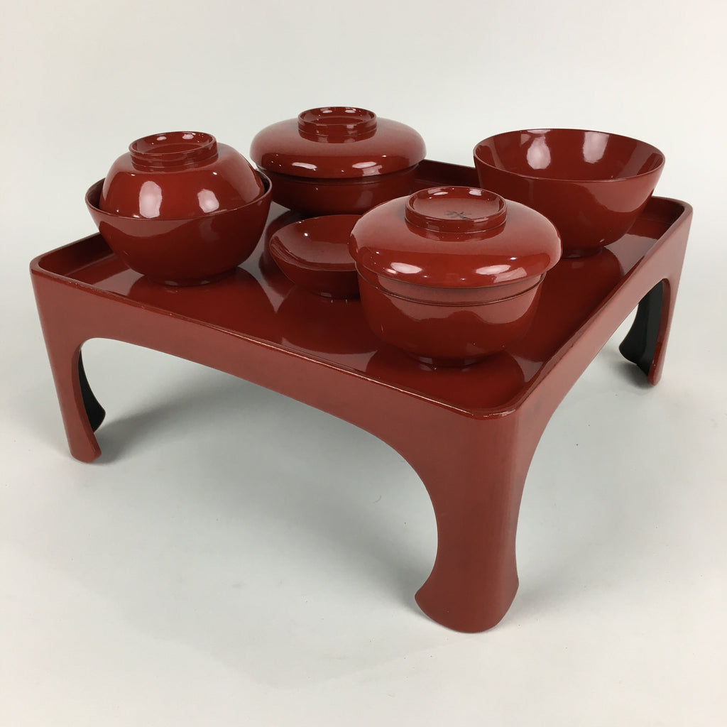 Japanese Wooden Legged Tray Lacquered Table Lidded Bowls Set Vtg Ozen UR736