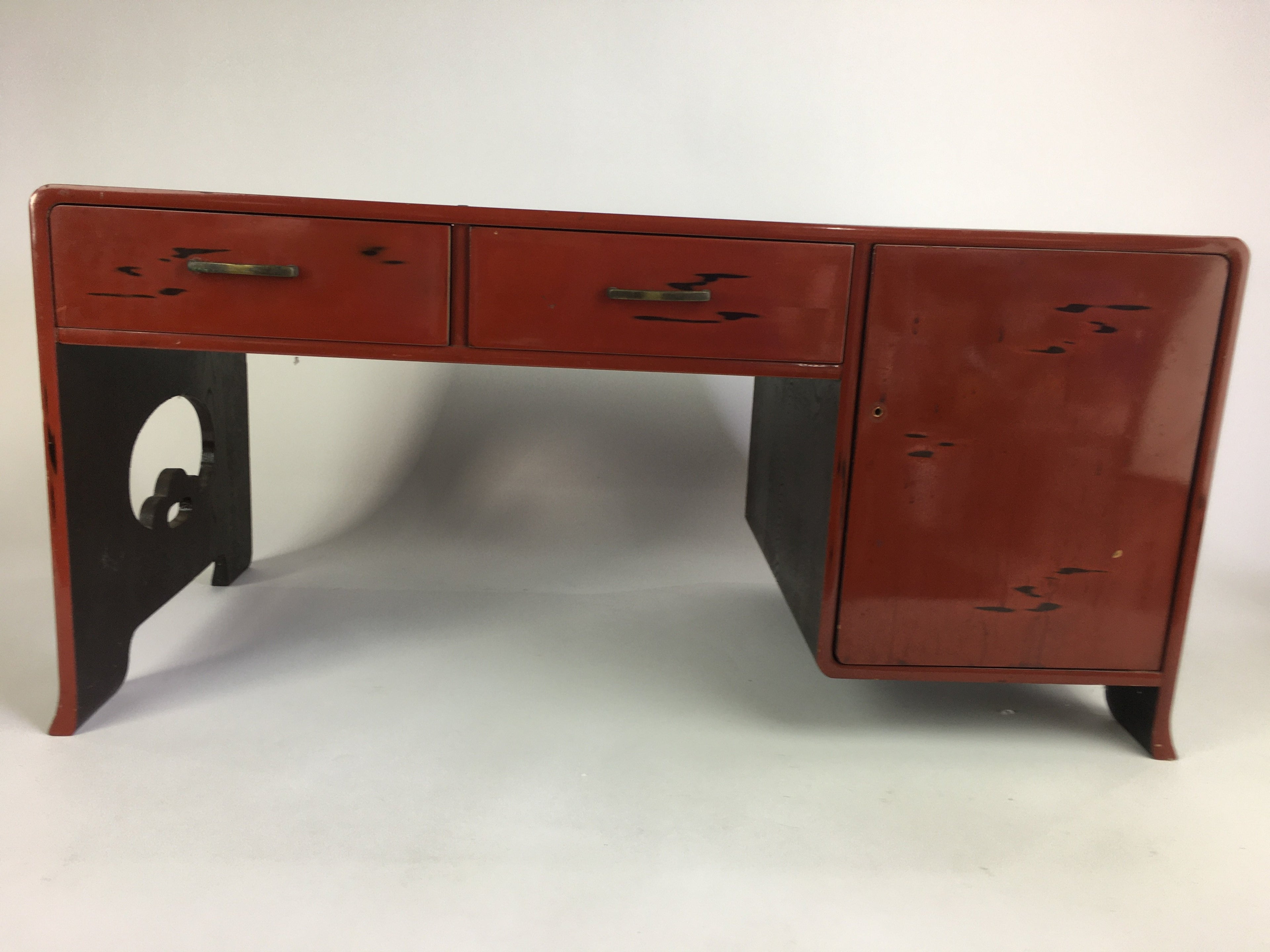 Japanese Wooden Low Desk Vtg 2 Drawers Sliding Door Black Red T242