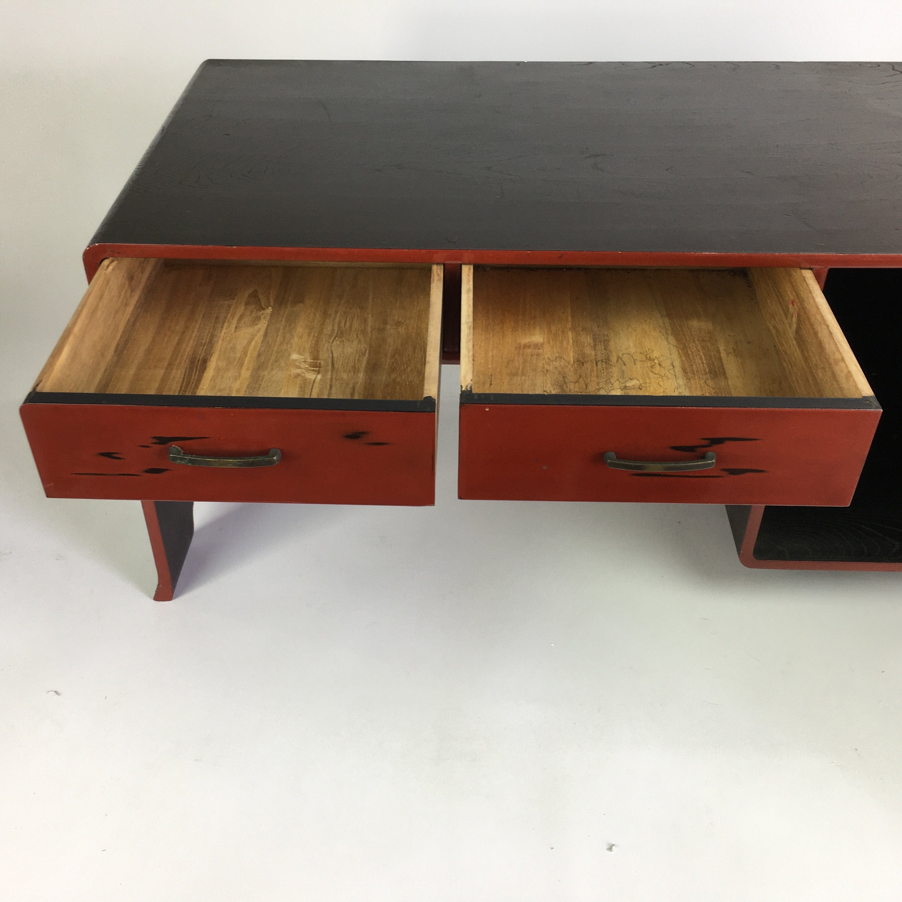 Japanese Wooden Low Desk Vtg 2 Drawers Sliding Door Black Red T242