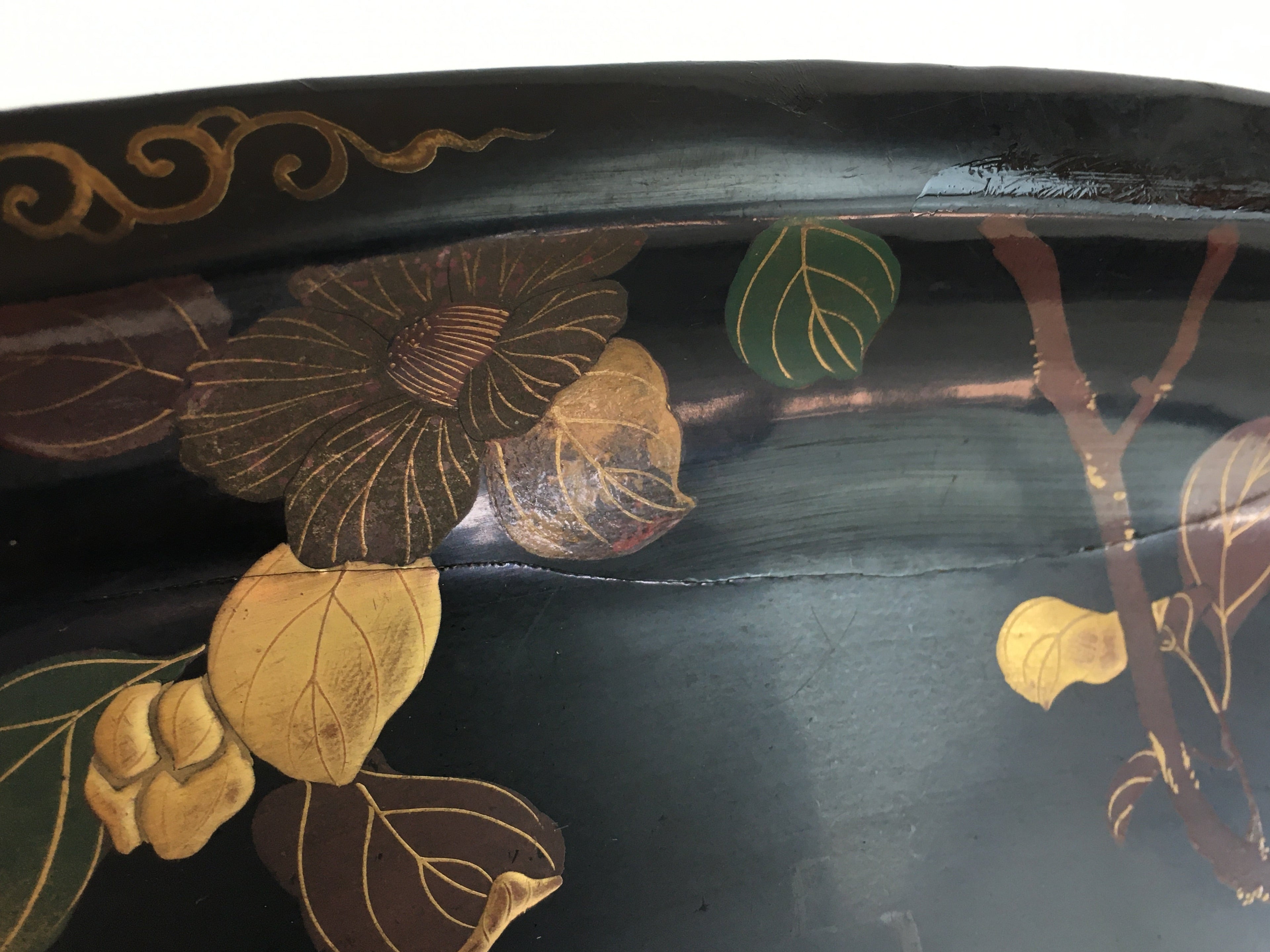 Japanese Wooden Maki-e Bon Tray Obon Vtg Nurimono Camellia UR804