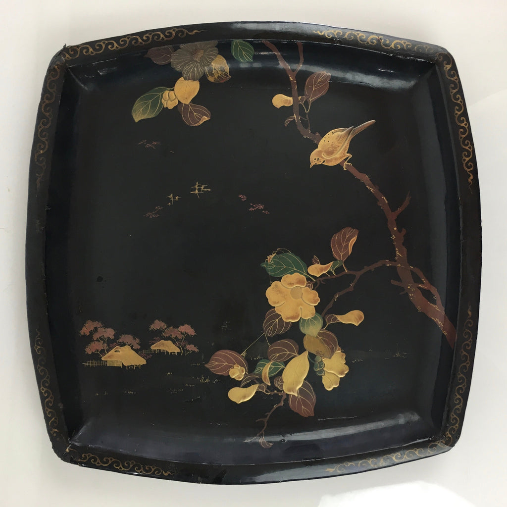 Japanese Wooden Maki-e Bon Tray Obon Vtg Nurimono Camellia UR804