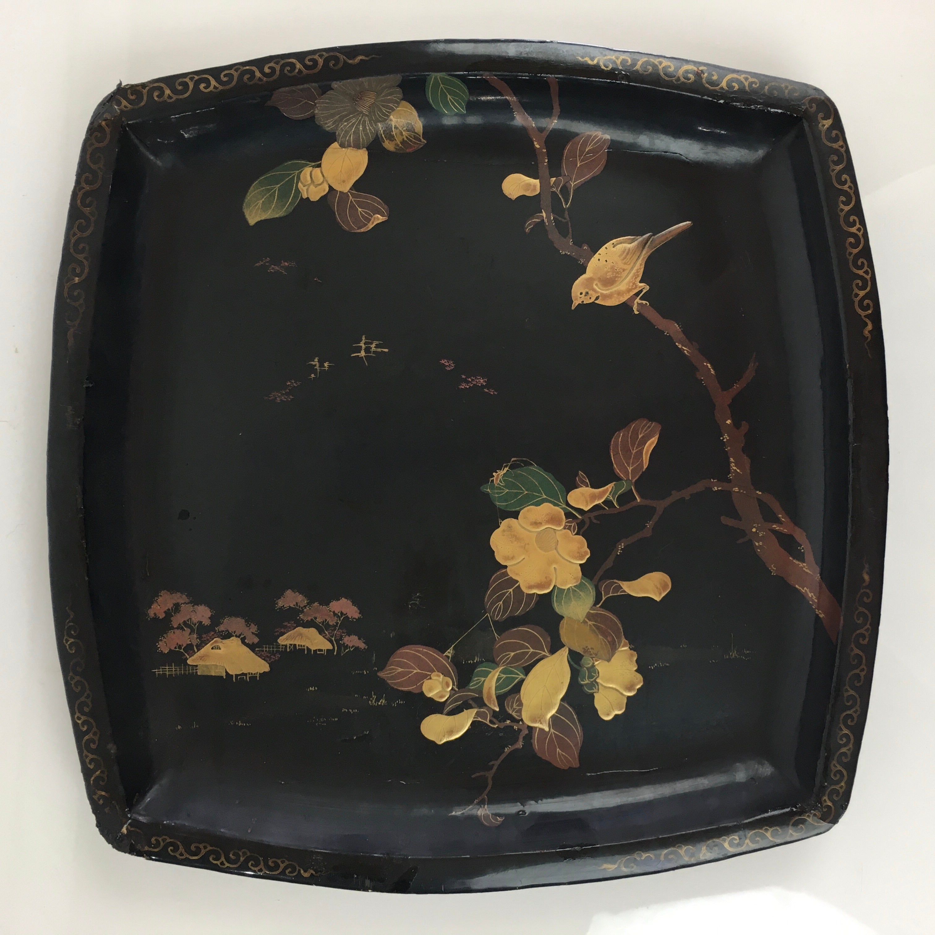 Japanese Wooden Maki-e Bon Tray Obon Vtg Nurimono Camellia UR804