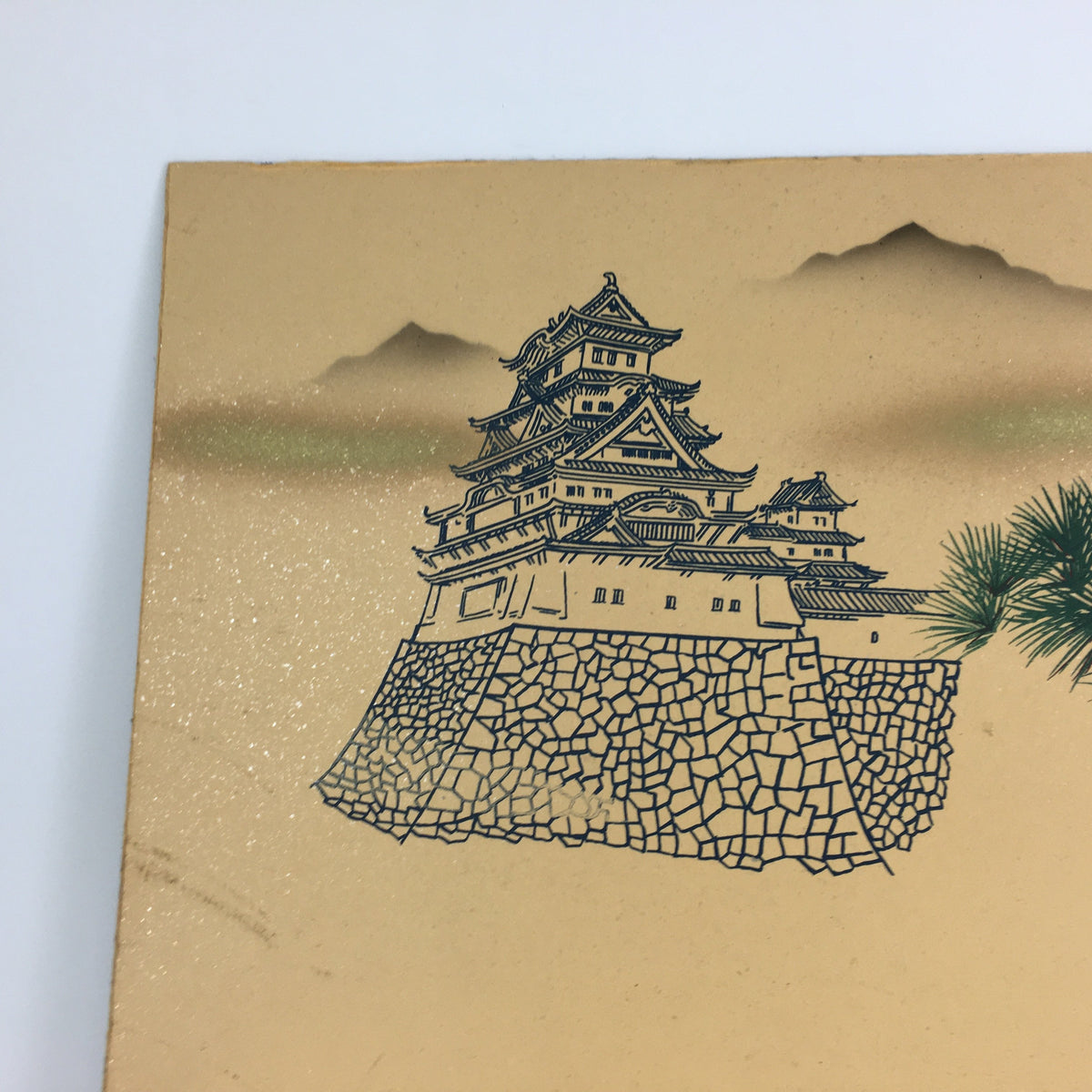 Japanese Wooden Panel Art Board Vtg Japanese Castle Pine Tree Picture FL5
