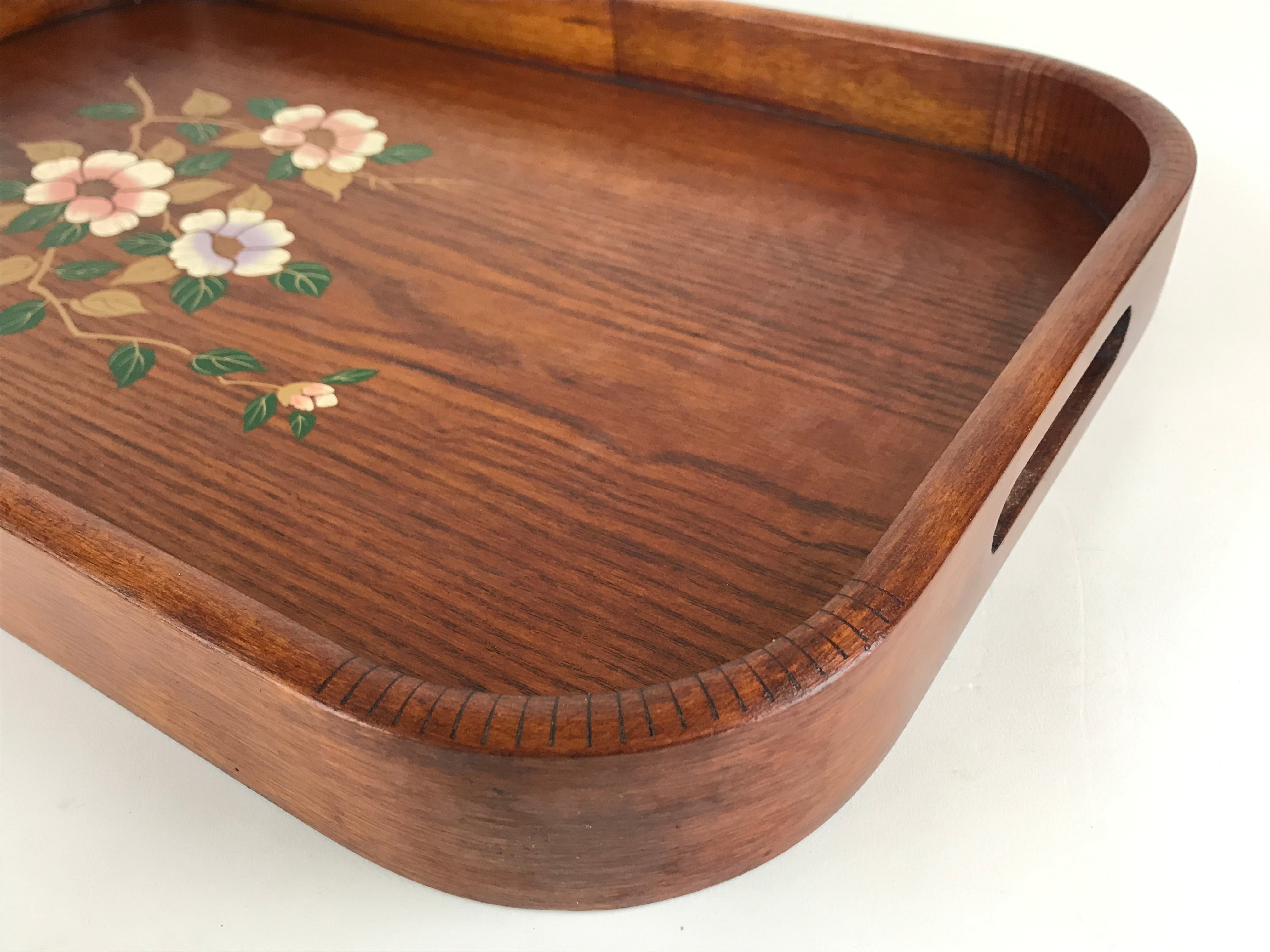 Japanese Wooden Serving Tray Vtg Large Obon Brown Maki-e Flower UR857