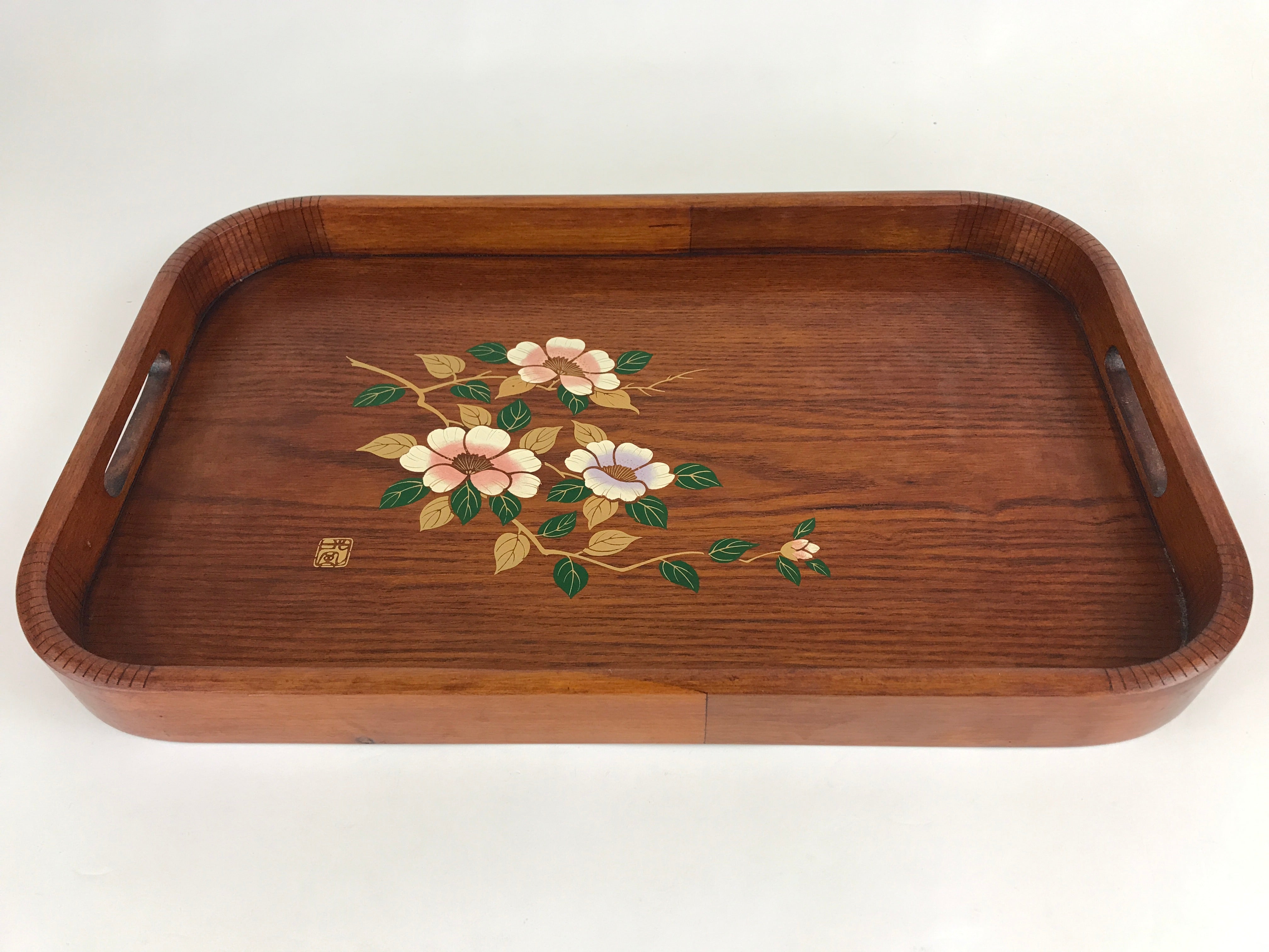 Japanese Wooden Serving Tray Vtg Large Obon Brown Maki-e Flower UR857