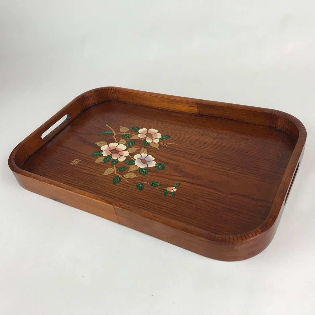 Japanese Wooden Serving Tray Vtg Large Obon Brown Maki-e Flower