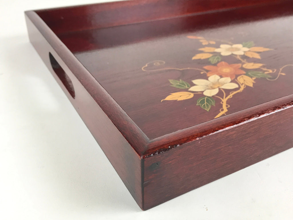 Japanese Wooden Serving Tray Vtg Obon Aizu-nuri Maki-e Flowers Brown UR868