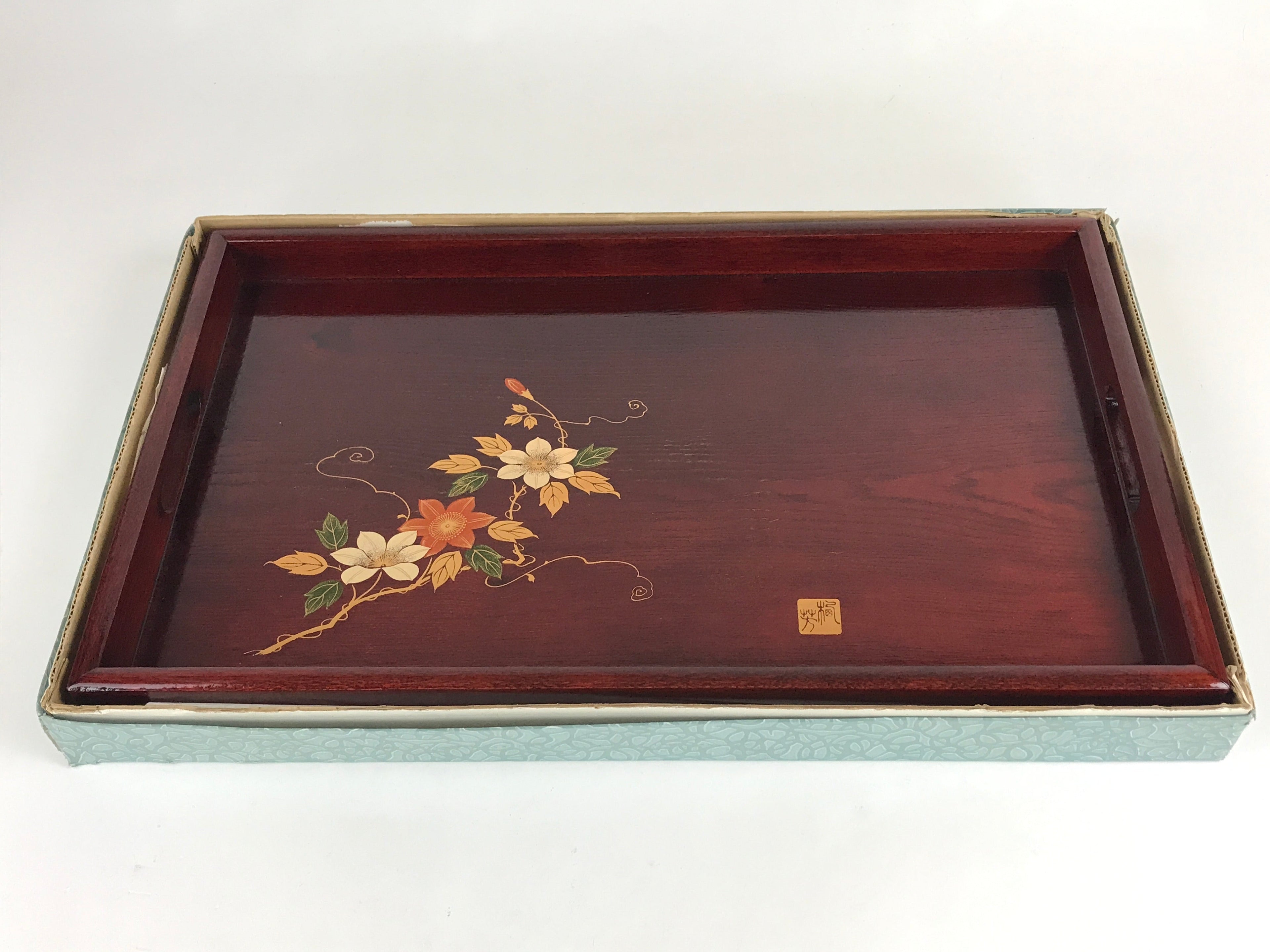 Japanese Wooden Serving Tray Vtg Obon Aizu-nuri Maki-e Flowers Brown UR868