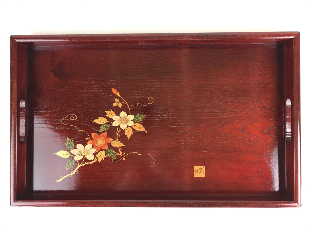 Japanese Wooden Serving Tray Vtg Obon Aizu-nuri Maki-e Flowers Brown UR868