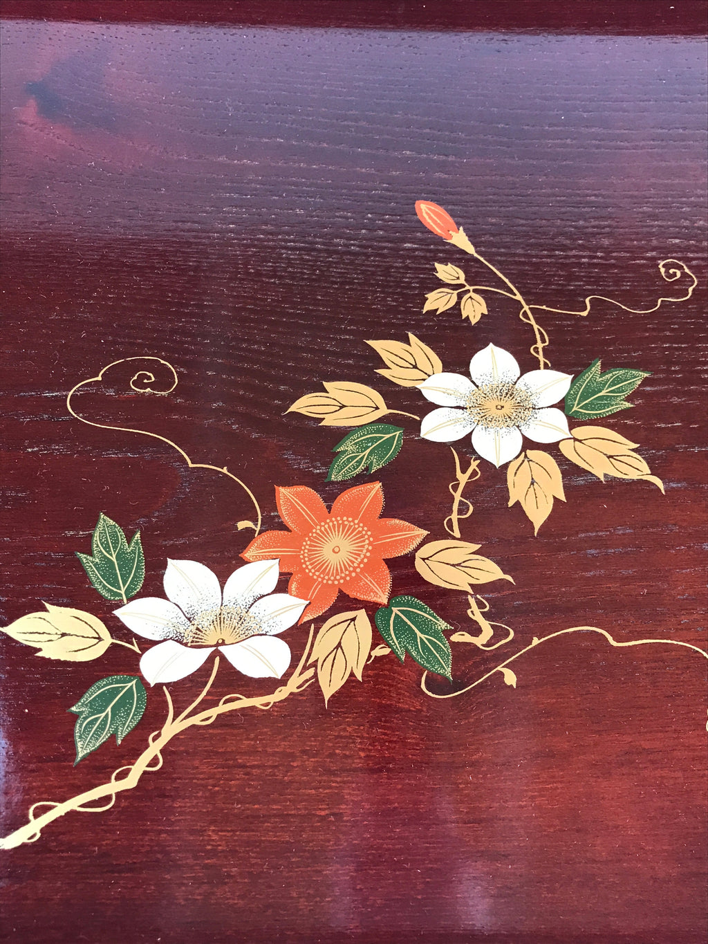 Japanese Wooden Serving Tray Vtg Obon Aizu-nuri Maki-e Flowers Brown UR868
