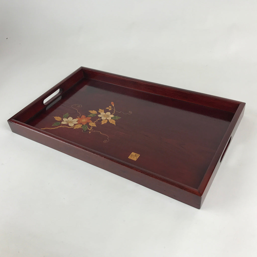 Japanese Wooden Serving Tray Vtg Obon Aizu-nuri Maki-e Flowers Brown UR868