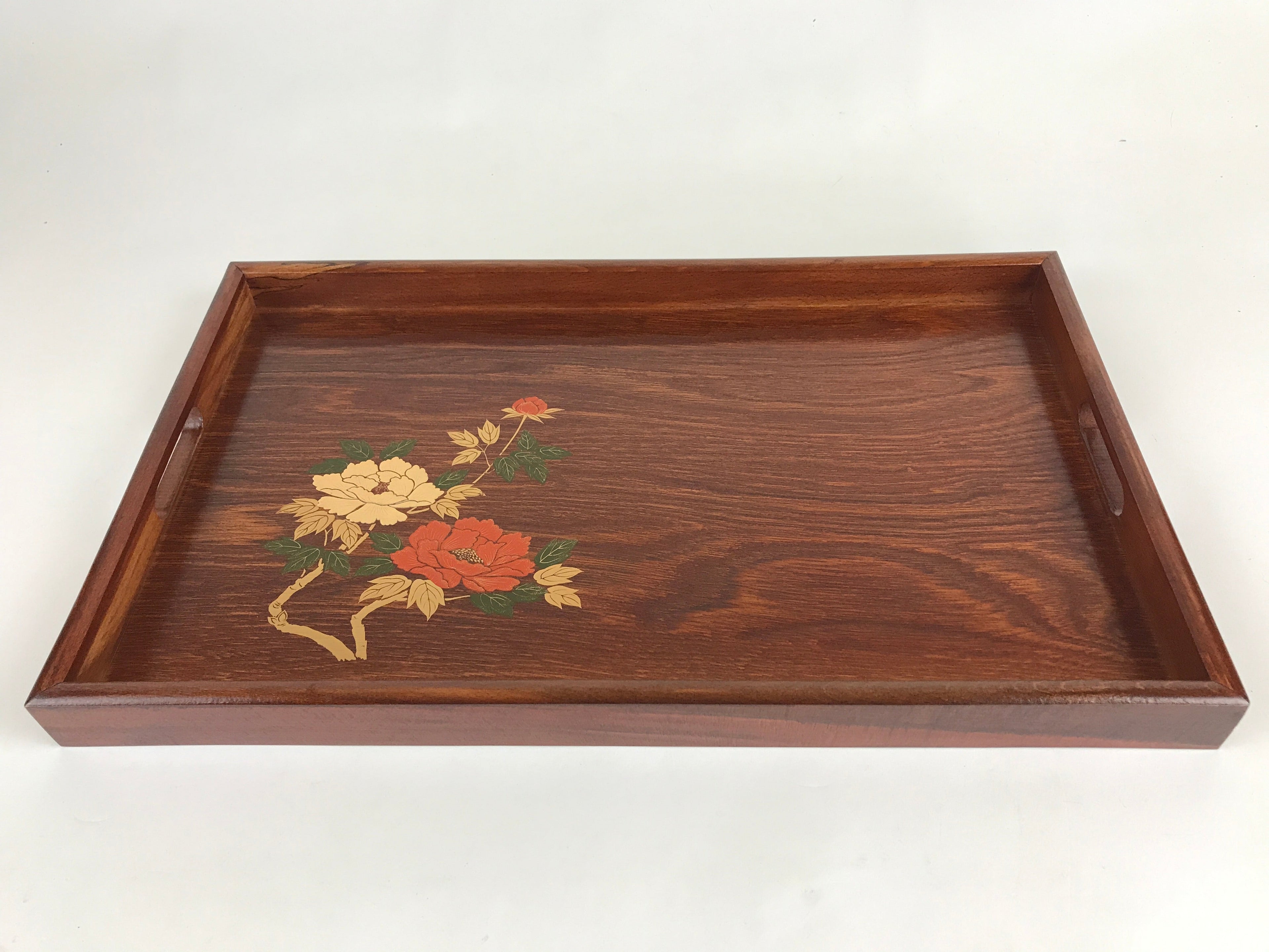 Japanese Wooden Serving Tray Vtg Obon Aizu-nuri Maki-e Peony Flowers UR870