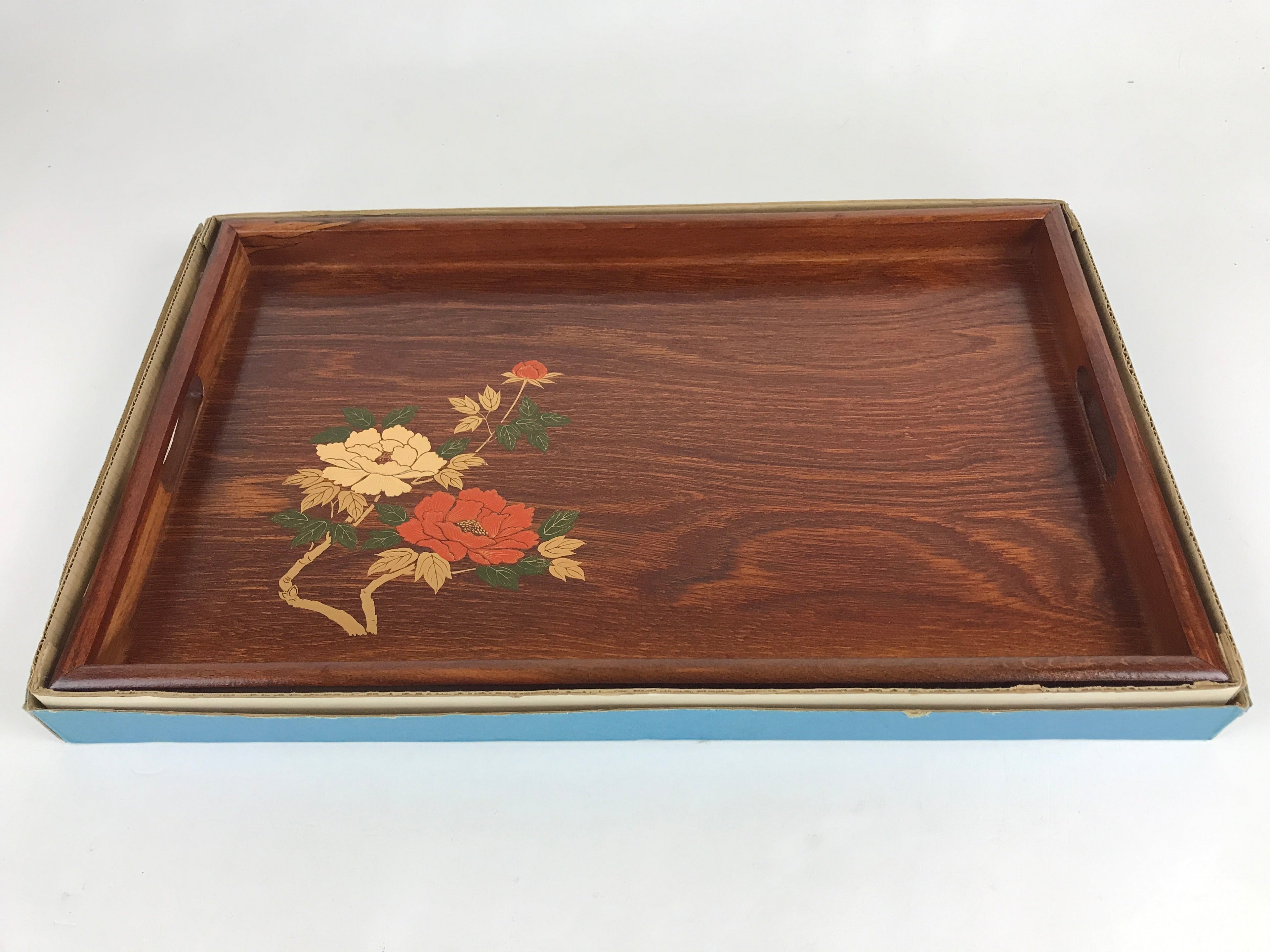 Japanese Wooden Serving Tray Vtg Obon Aizu-nuri Maki-e Peony Flowers UR870