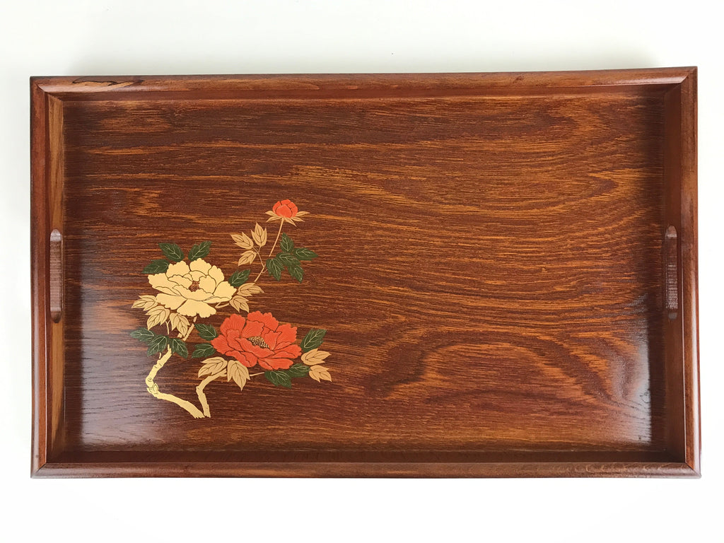 Japanese Wooden Serving Tray Vtg Obon Aizu-nuri Maki-e Peony Flowers UR870