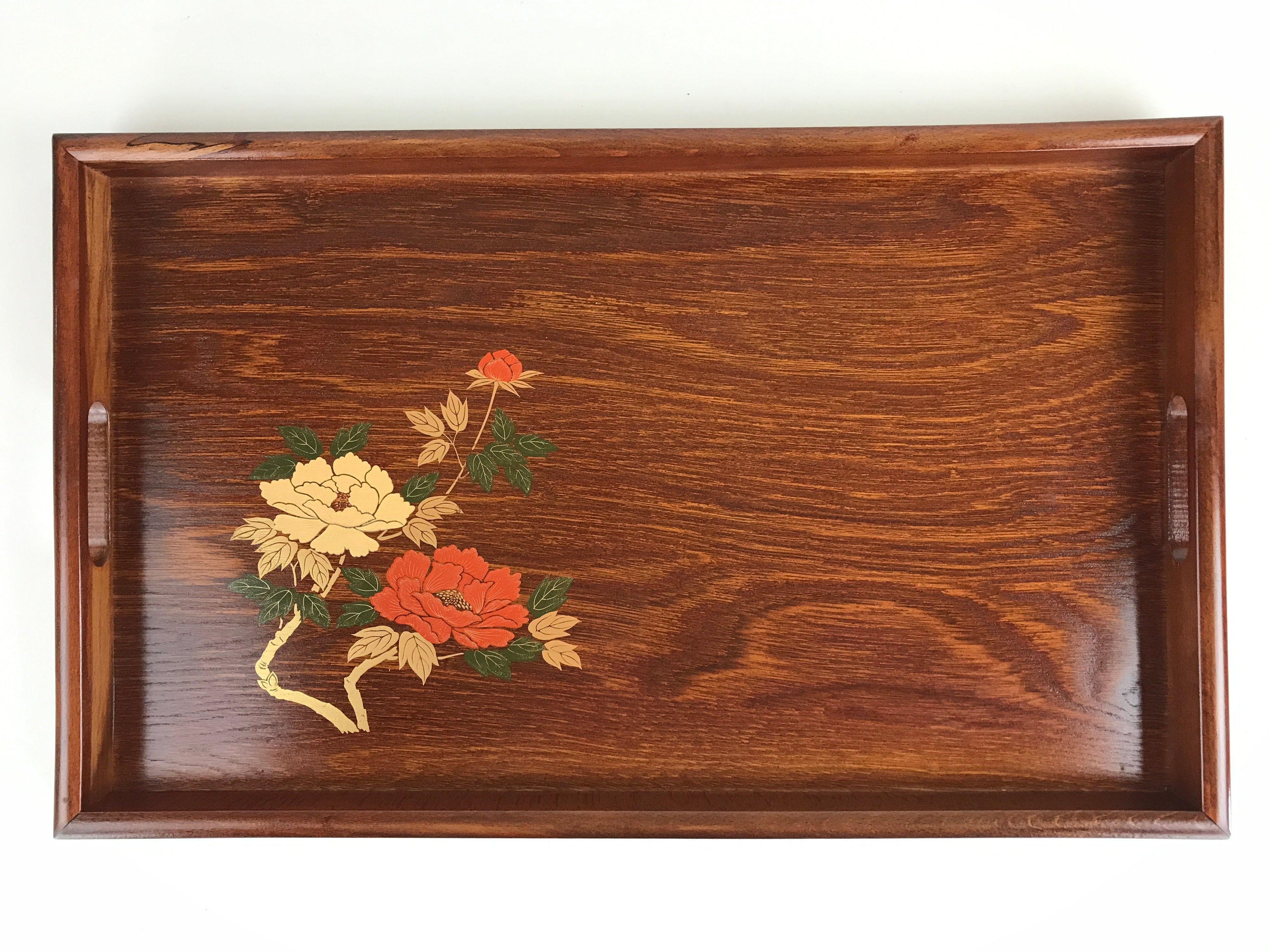 Japanese Wooden Serving Tray Vtg Obon Aizu-nuri Maki-e Peony Flowers UR870