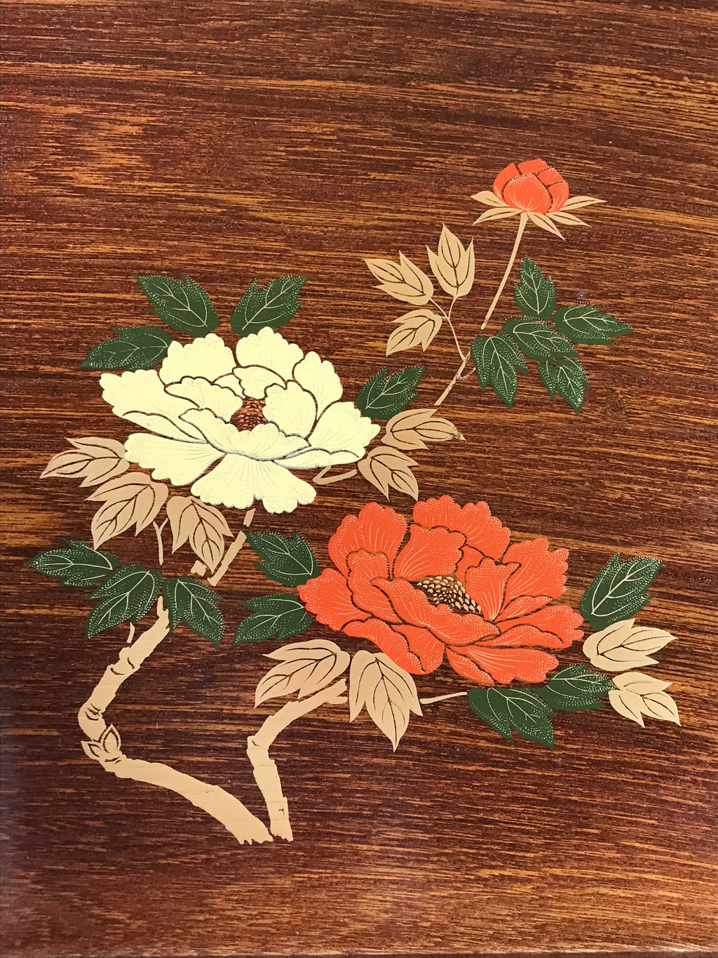 Japanese Wooden Serving Tray Vtg Obon Aizu-nuri Maki-e Peony Flowers UR870