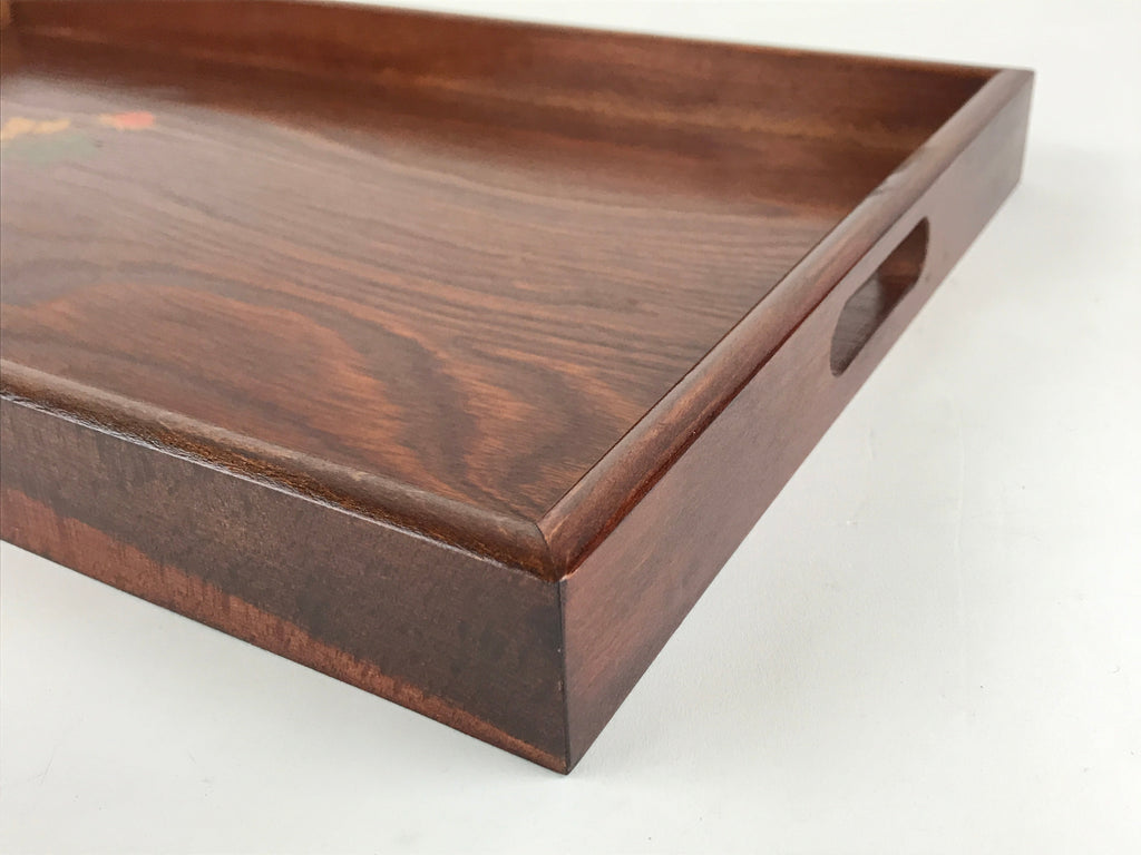 Japanese Wooden Serving Tray Vtg Obon Aizu-nuri Maki-e Peony Flowers UR870