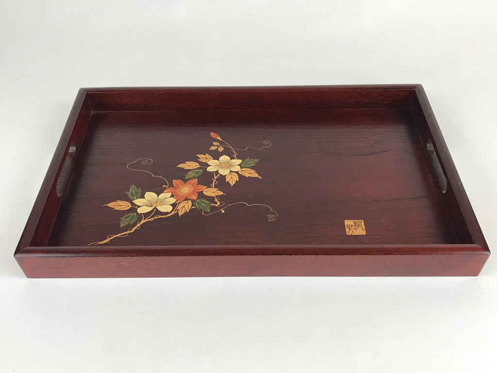 Japanese Wooden Serving Tray Vtg Obon Dark Brown Gold Maki-e Flowers UR858