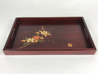 Japanese Wooden Serving Tray Vtg Obon Dark Brown Gold Maki-e Flowers UR858