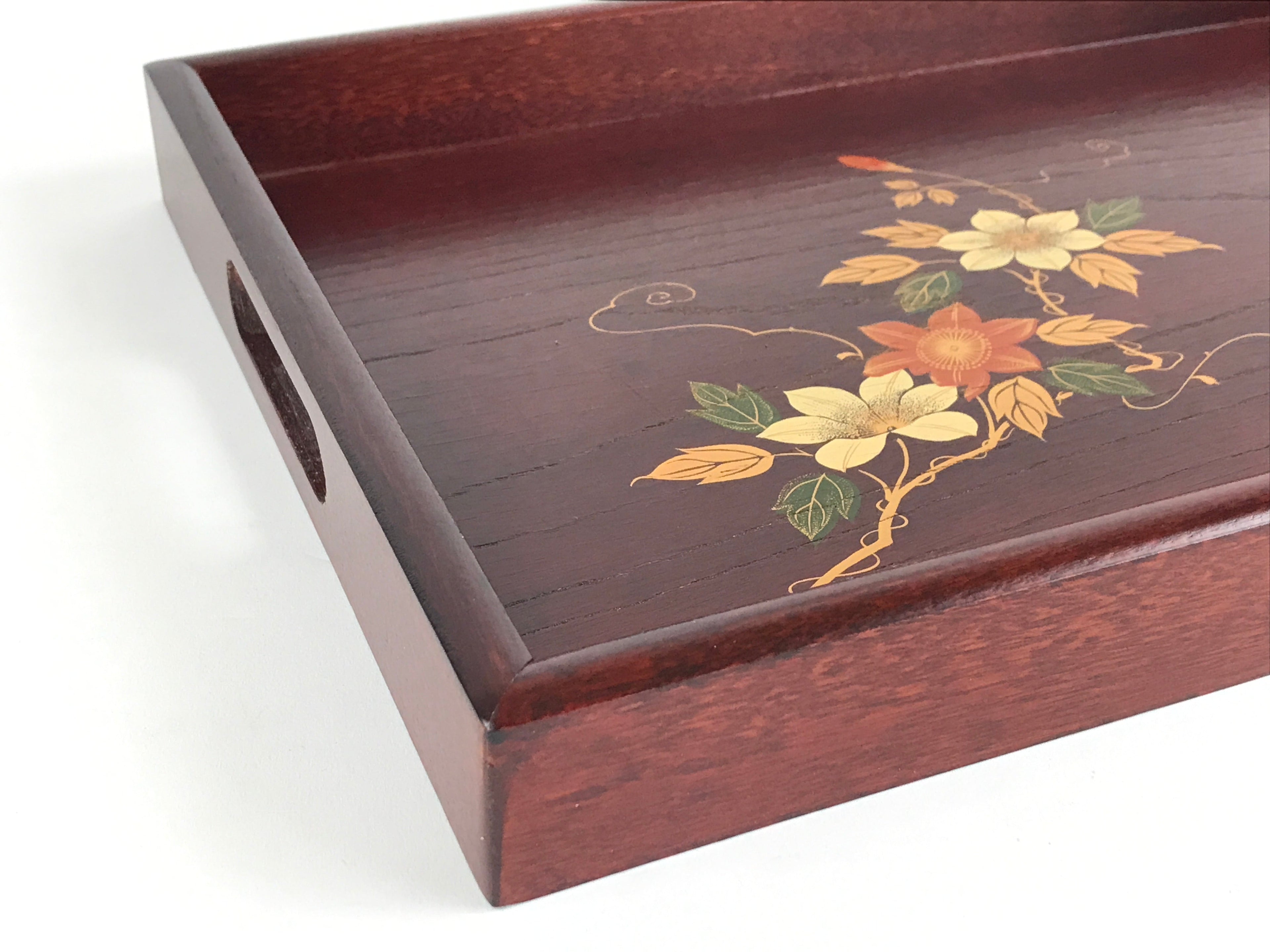 Japanese Wooden Serving Tray Vtg Obon Dark Brown Gold Maki-e Flowers UR858